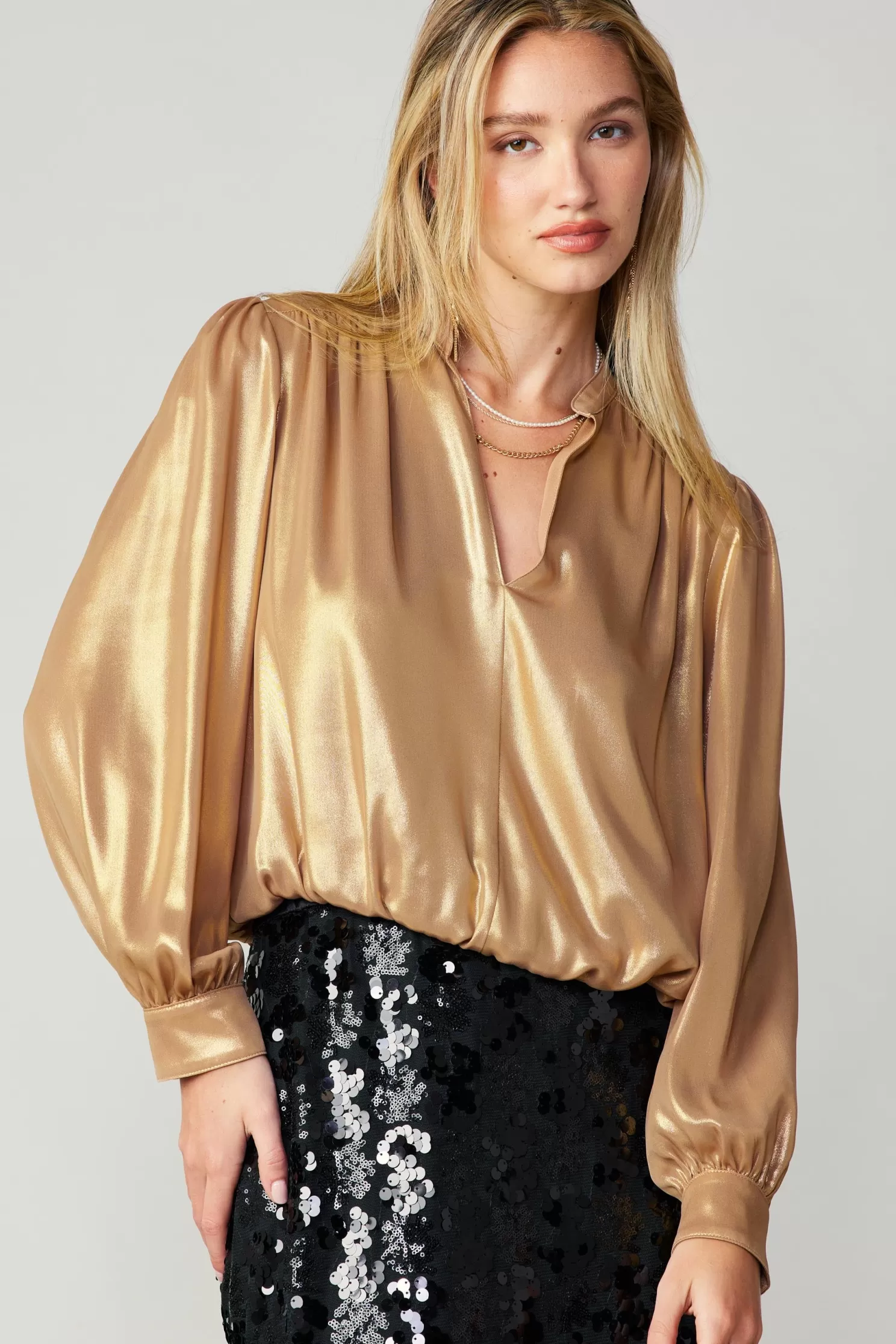 Hot Metallic Bubble Hem Blouse Blouses | Long Sleeve Tops