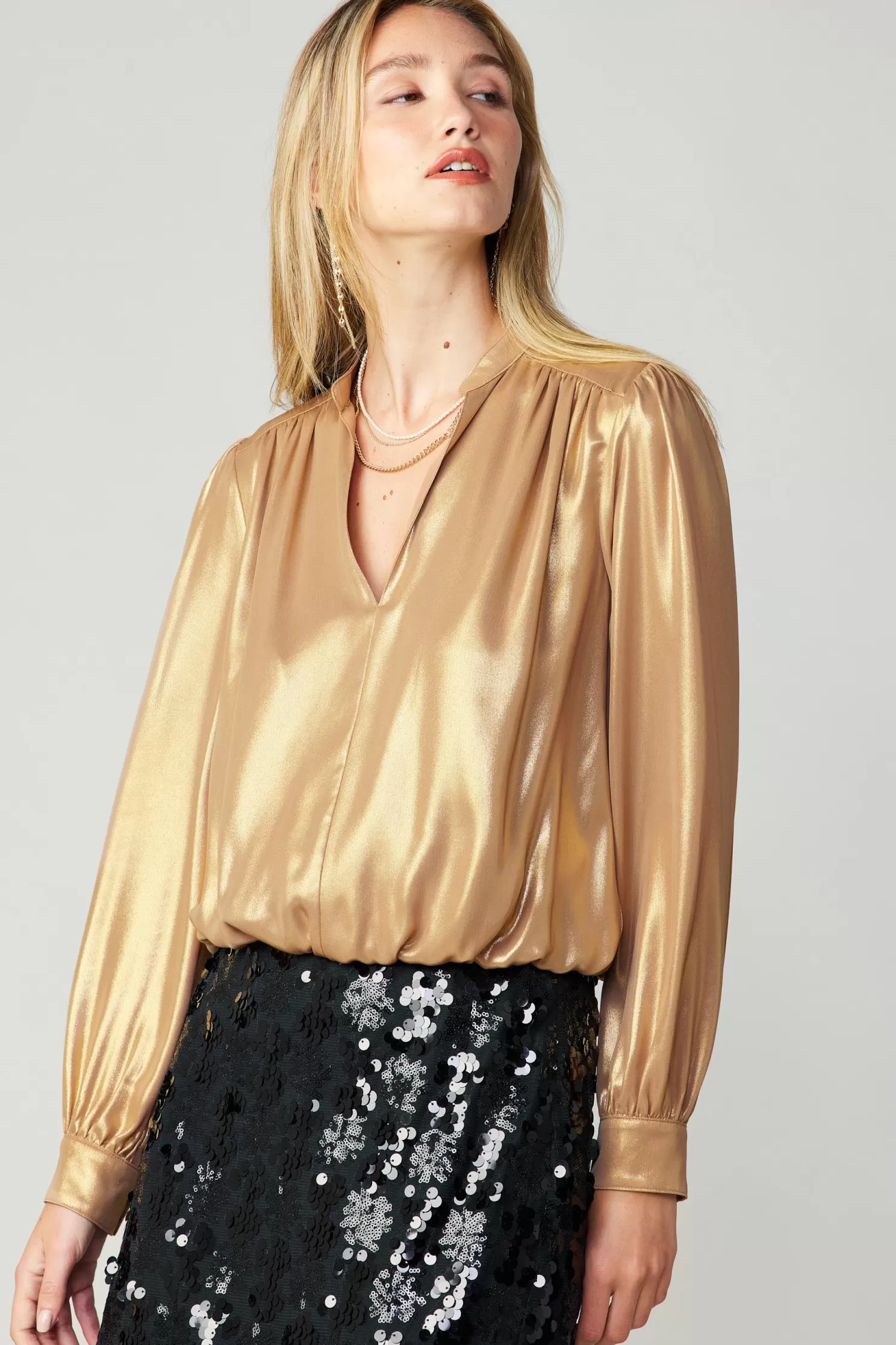 Hot Metallic Bubble Hem Blouse Blouses | Long Sleeve Tops