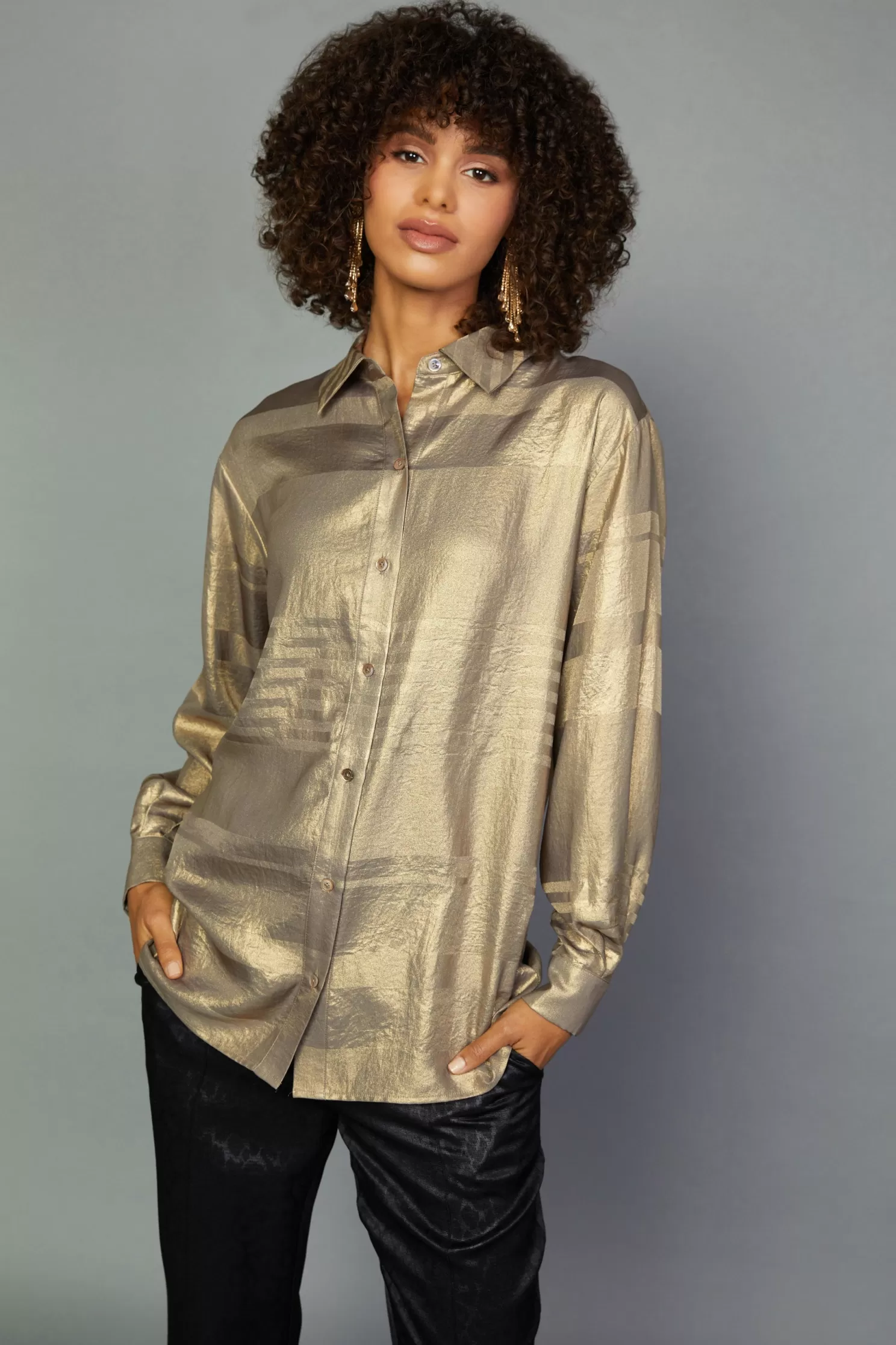 Fashion Metallic Button Down Top Blouses | Long Sleeve Tops