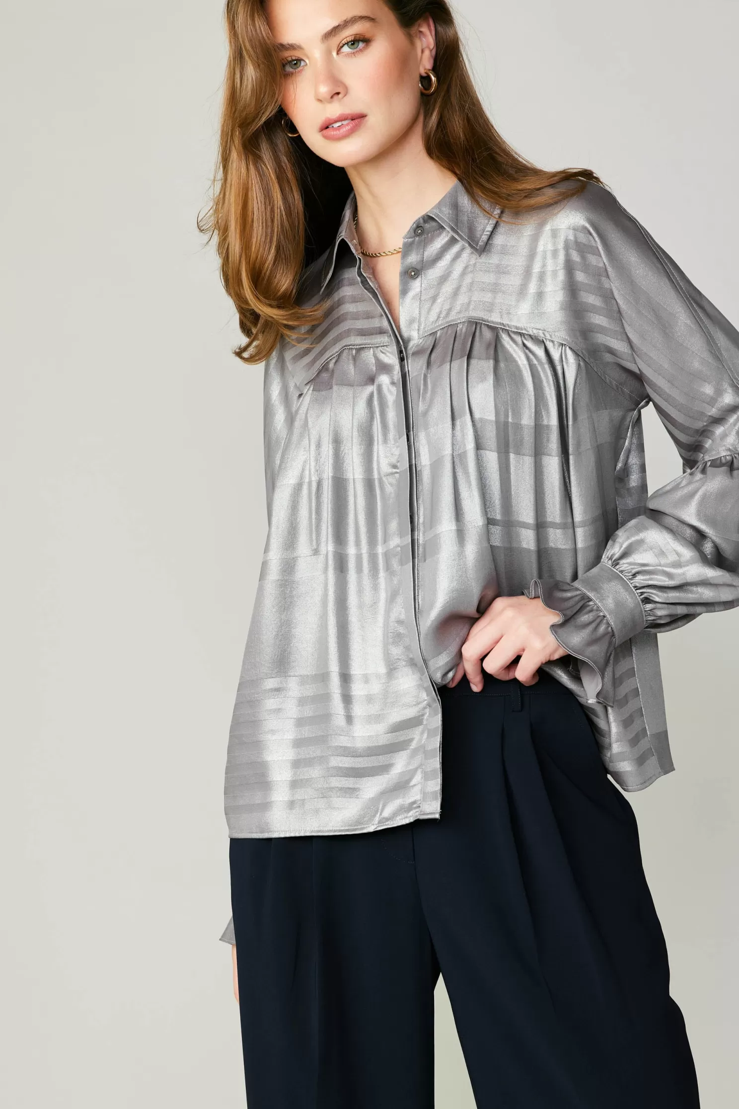 New Metallic Pleated Shirt Blouses | Long Sleeve Tops