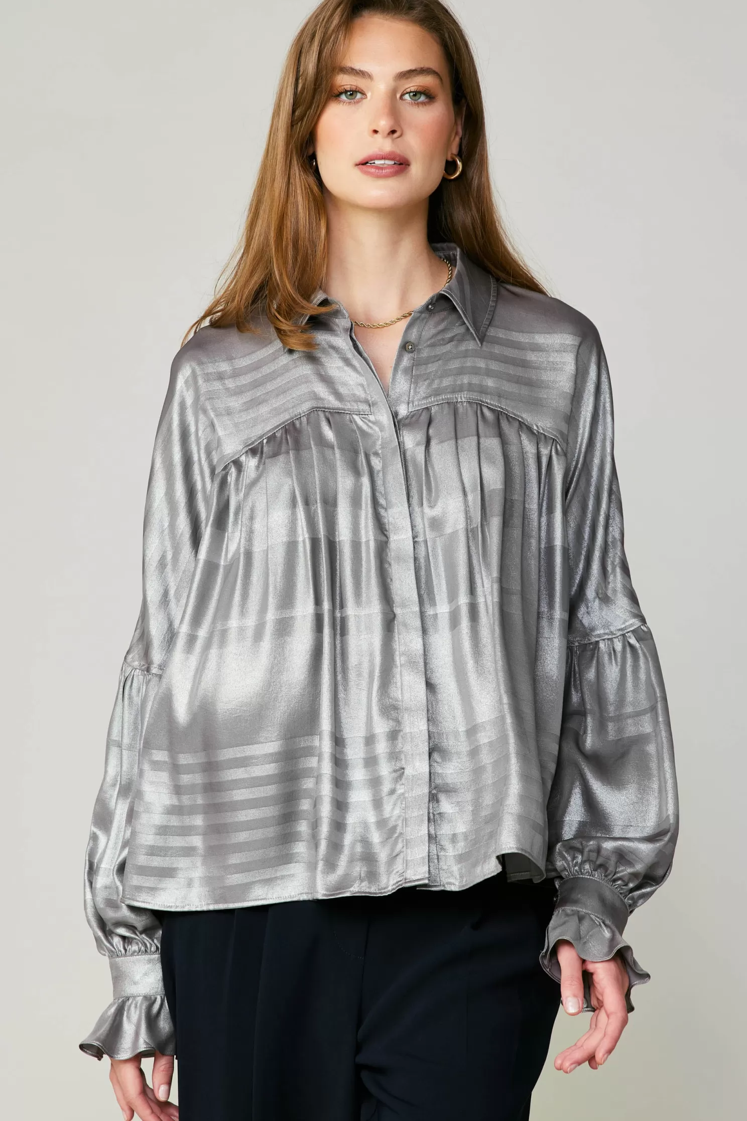 New Metallic Pleated Shirt Blouses | Long Sleeve Tops