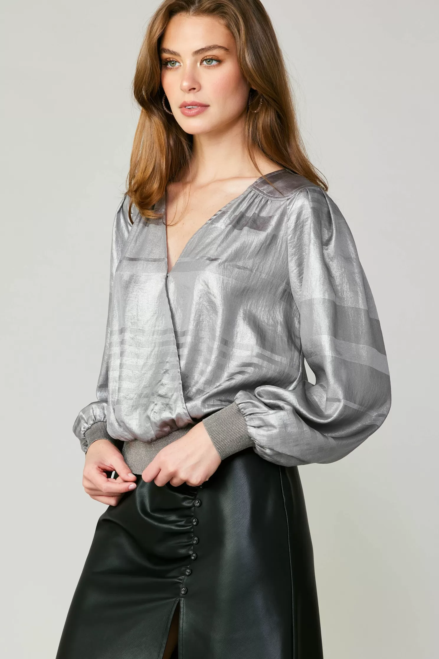 Sale Metallic Surplice Blouse Long Sleeve Tops