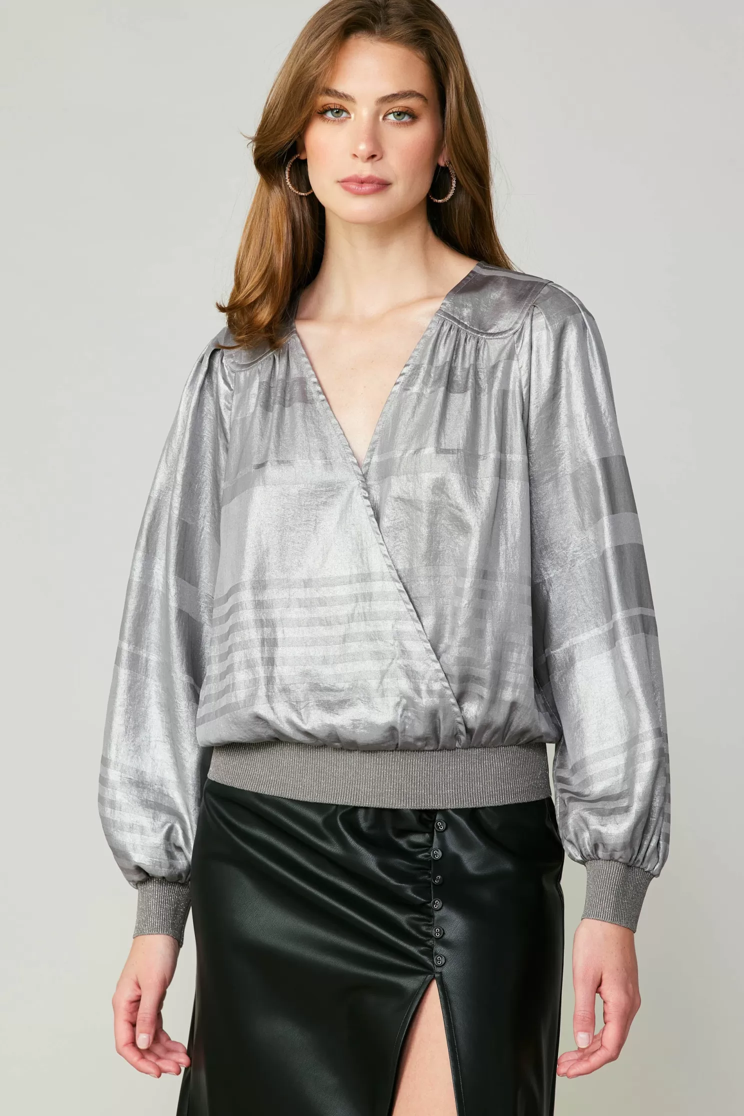 Sale Metallic Surplice Blouse Long Sleeve Tops