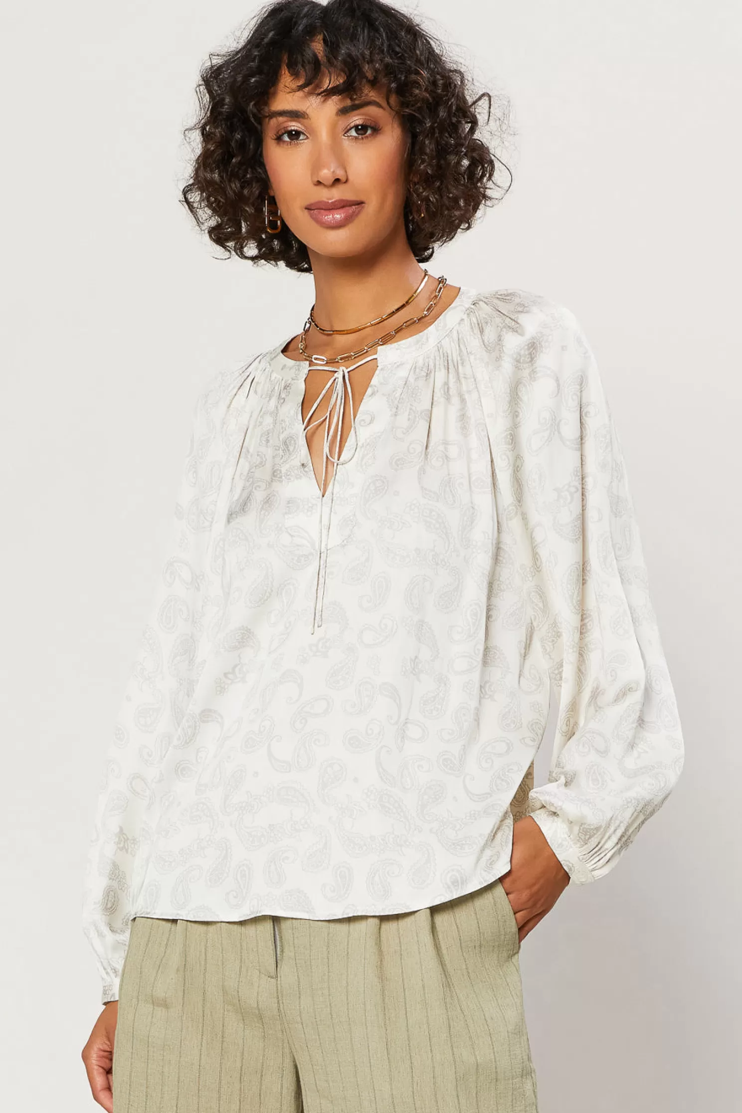 Shop Paisley Split Neck Top Blouses | Long Sleeve Tops