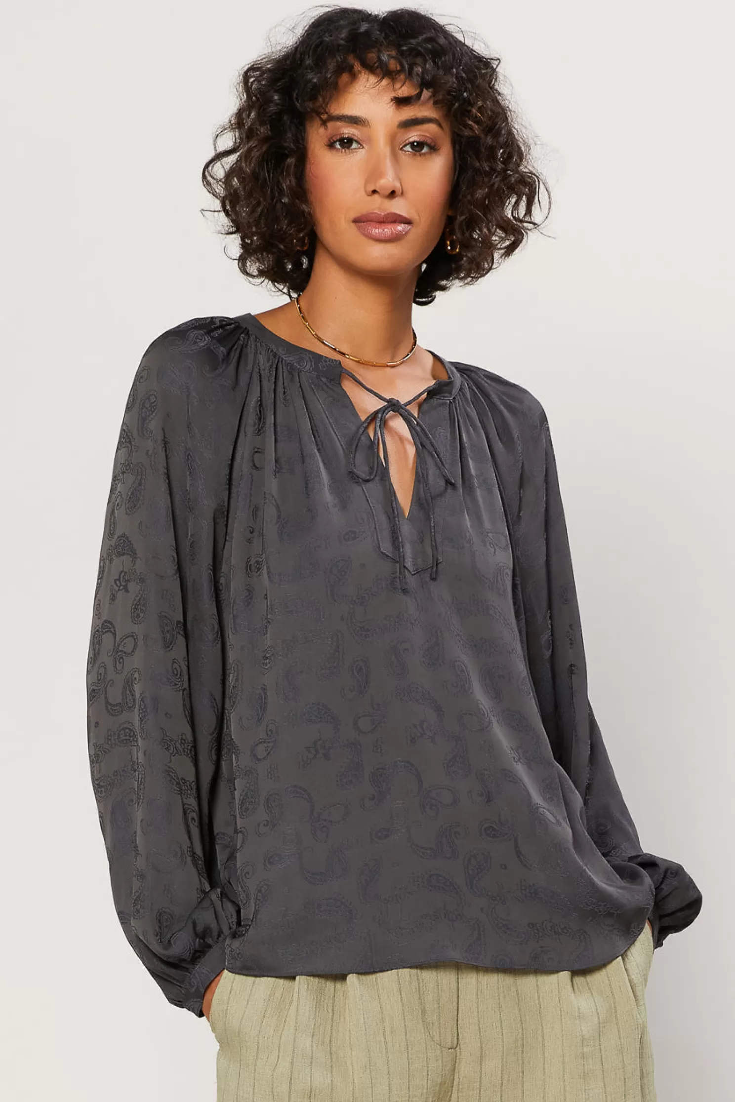 Fashion Paisley Split Neck Top Long Sleeve Tops | Blouses