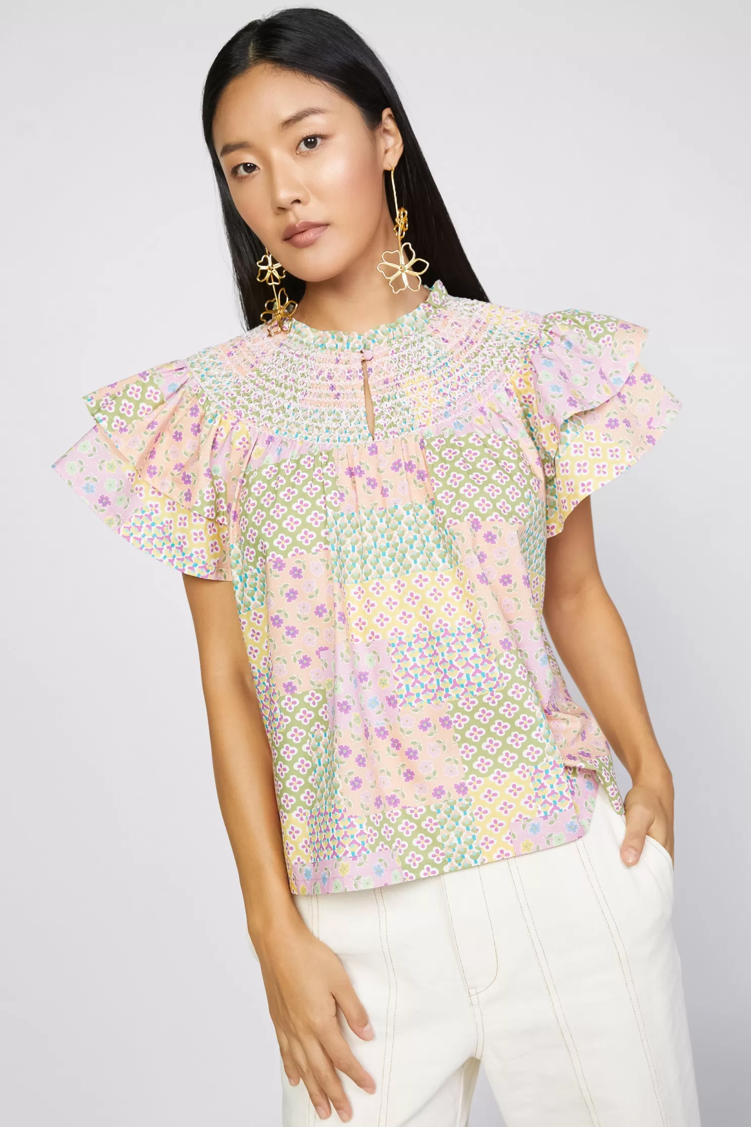 New Patchwork Flutter Sleeve Top Blouses | Short Sleeve Tops