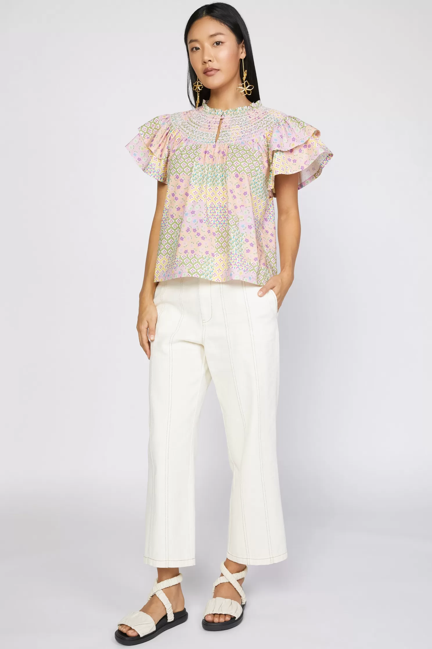 New Patchwork Flutter Sleeve Top Blouses | Short Sleeve Tops