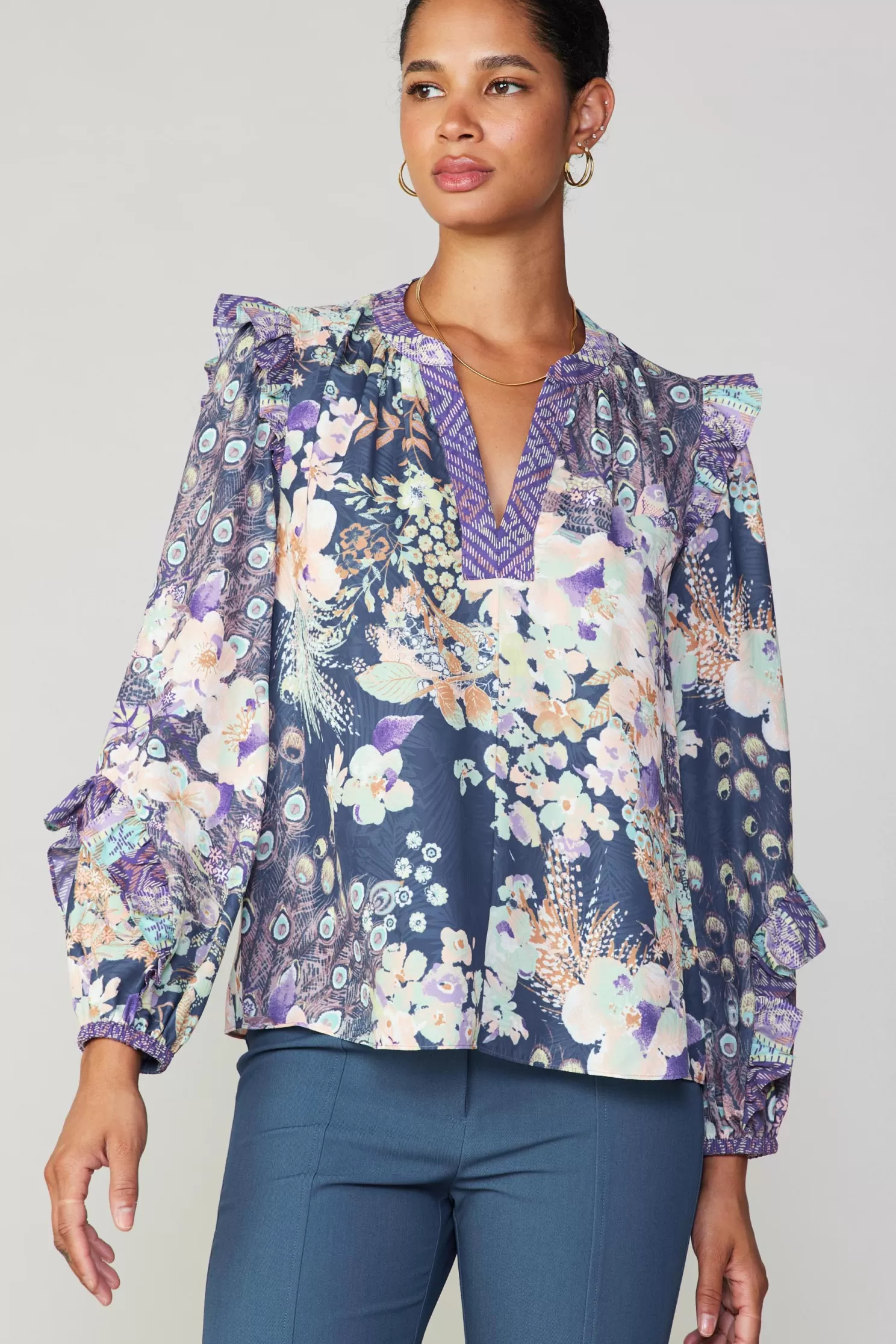 Sale Peacock Floral Blouse Long Sleeve Tops