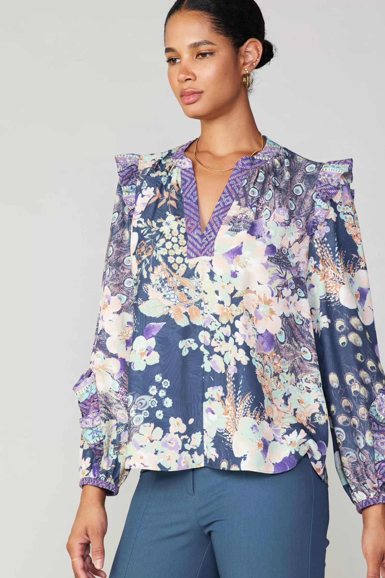 Sale Peacock Floral Blouse Long Sleeve Tops