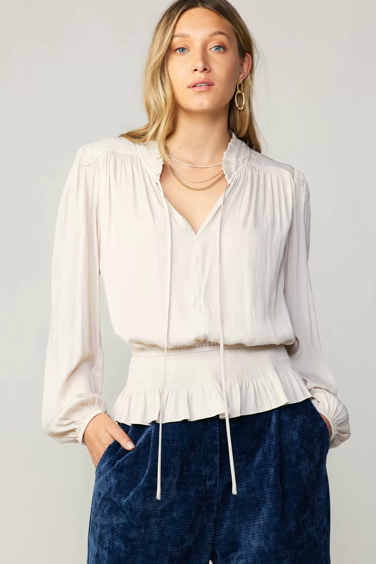 Flash Sale Peplum Collared Blouse Blouses | Long Sleeve Tops