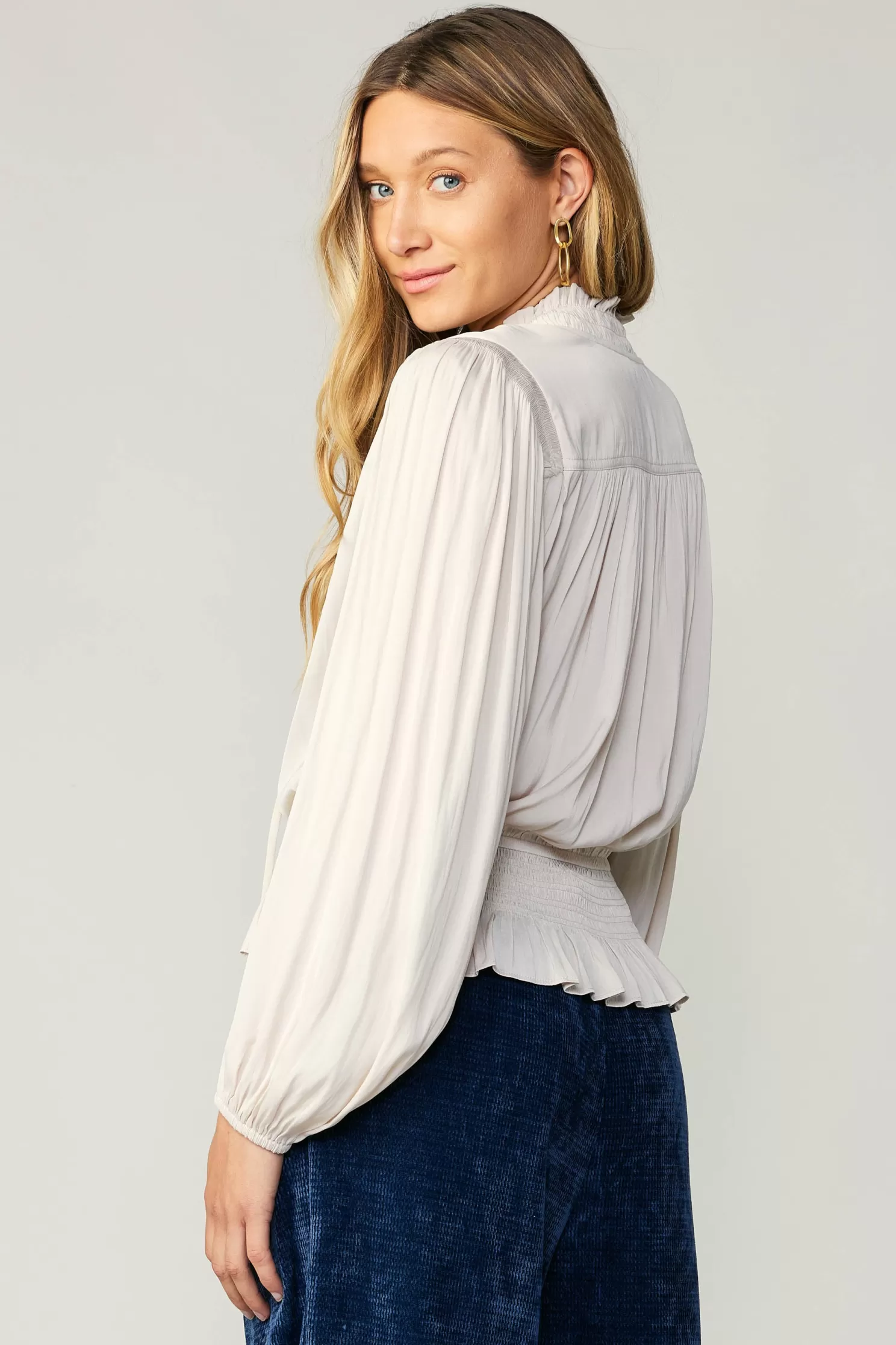 Flash Sale Peplum Collared Blouse Blouses | Long Sleeve Tops