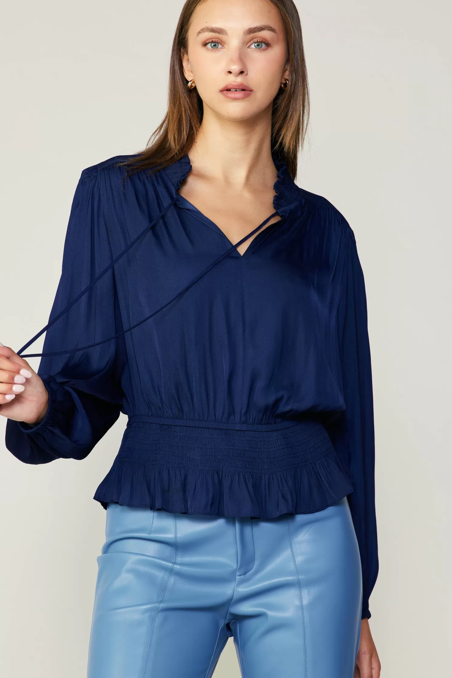 Fashion Peplum Collared Blouse Blouses | Long Sleeve Tops