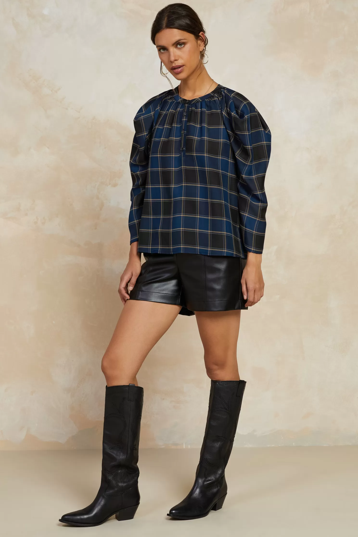 Shop Plaid Puff Sleeve Top Blouses | Long Sleeve Tops