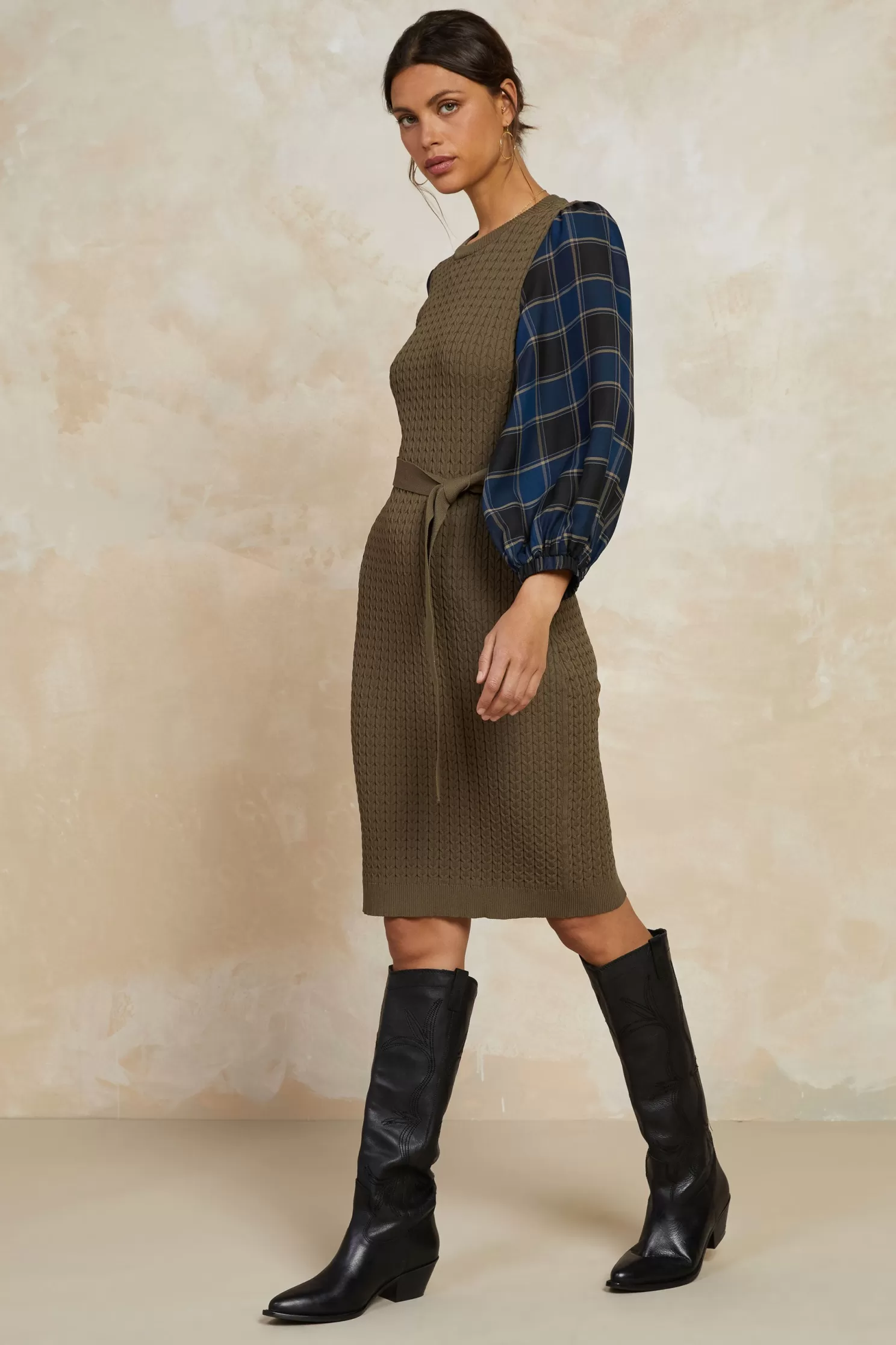 Clearance Plaid Sleeve Knit Dress Midi Dresses | Coats & Jackets