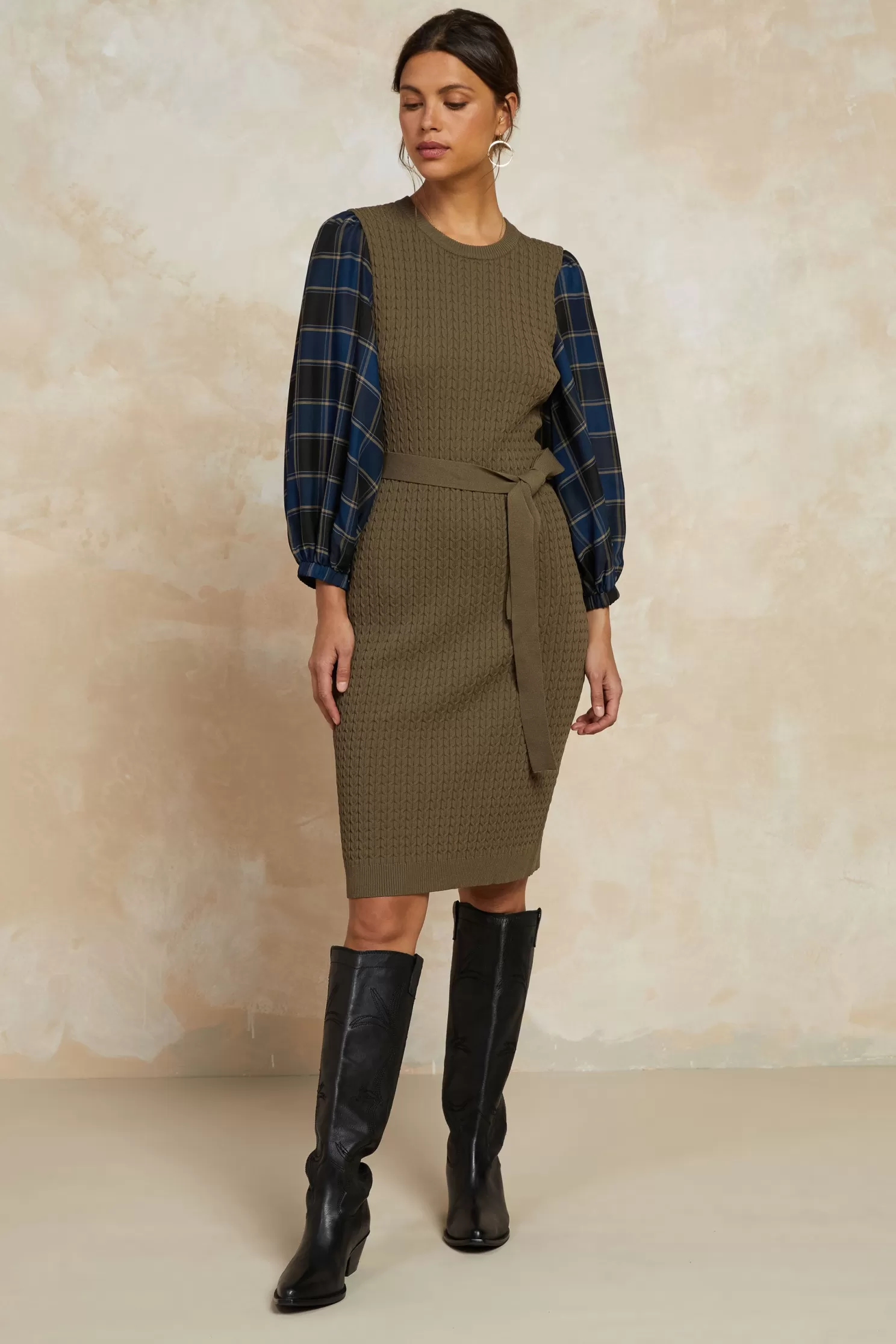 Clearance Plaid Sleeve Knit Dress Midi Dresses | Coats & Jackets