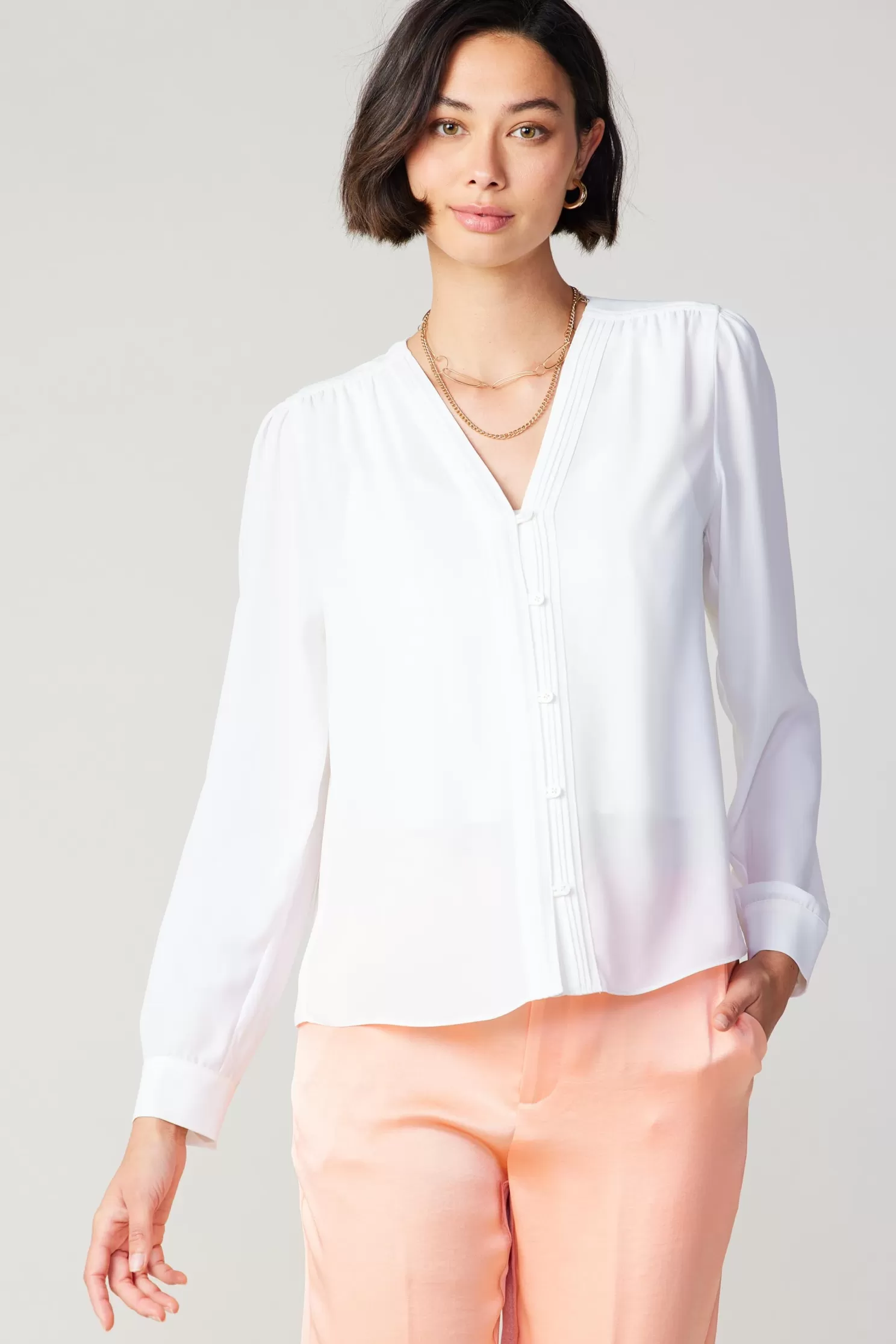 Shop Pleat Detail Buttondown Shirt Blouses | Long Sleeve Tops