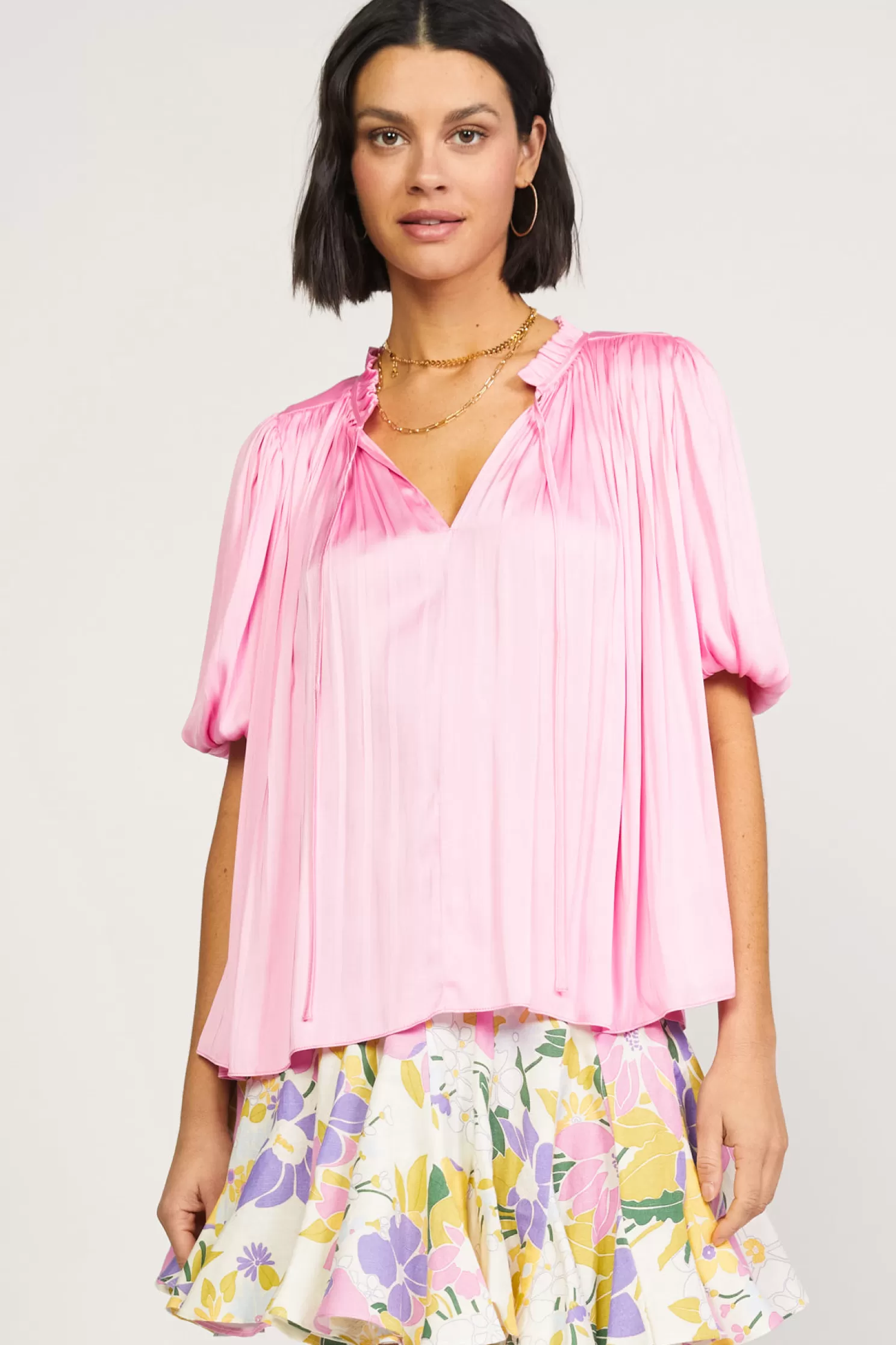 Hot Pleated Puff Sleeve Blouse Short Sleeve Tops