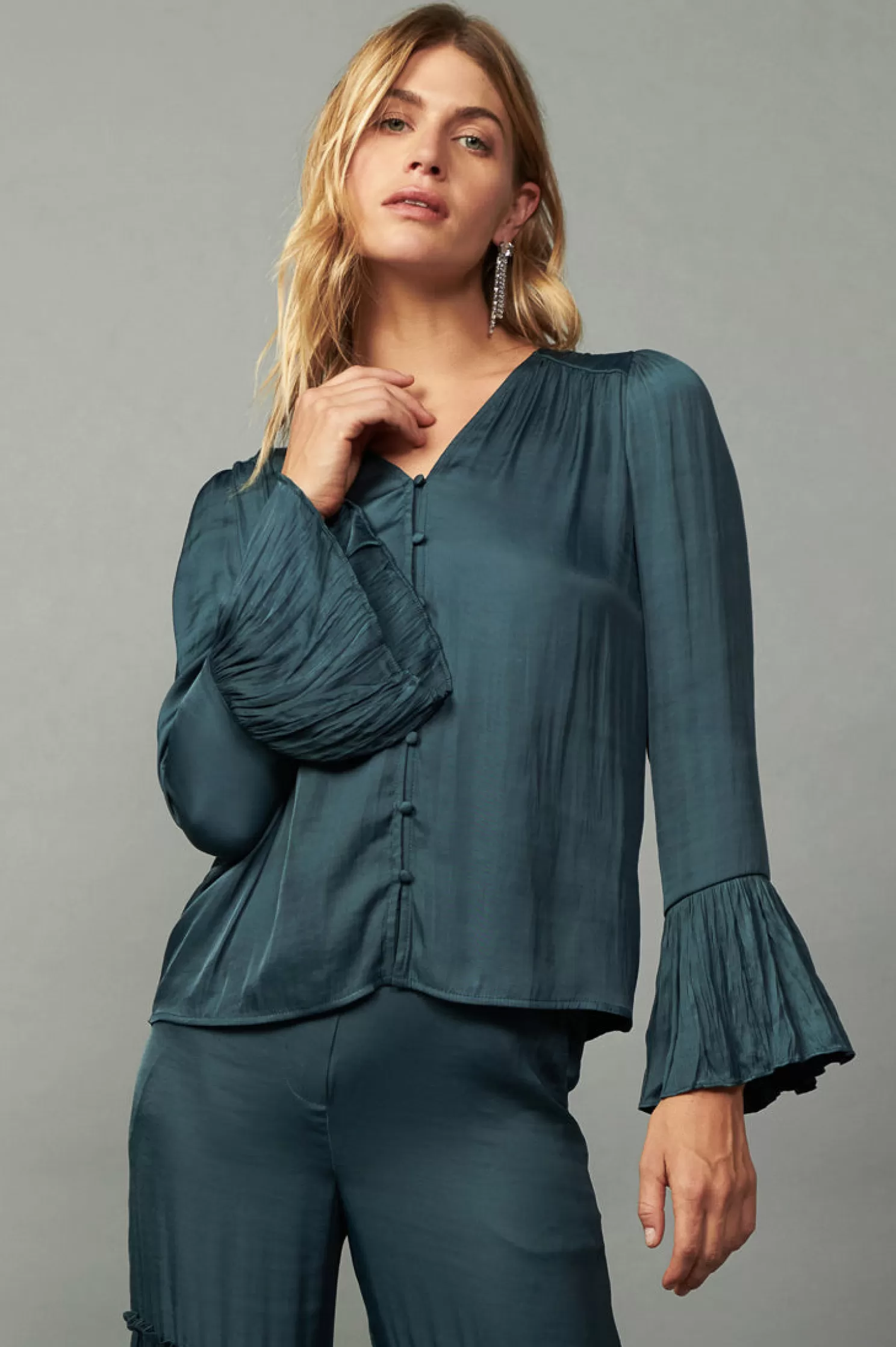 Best Sale Pleated Sleeve Button Blouse Blouses