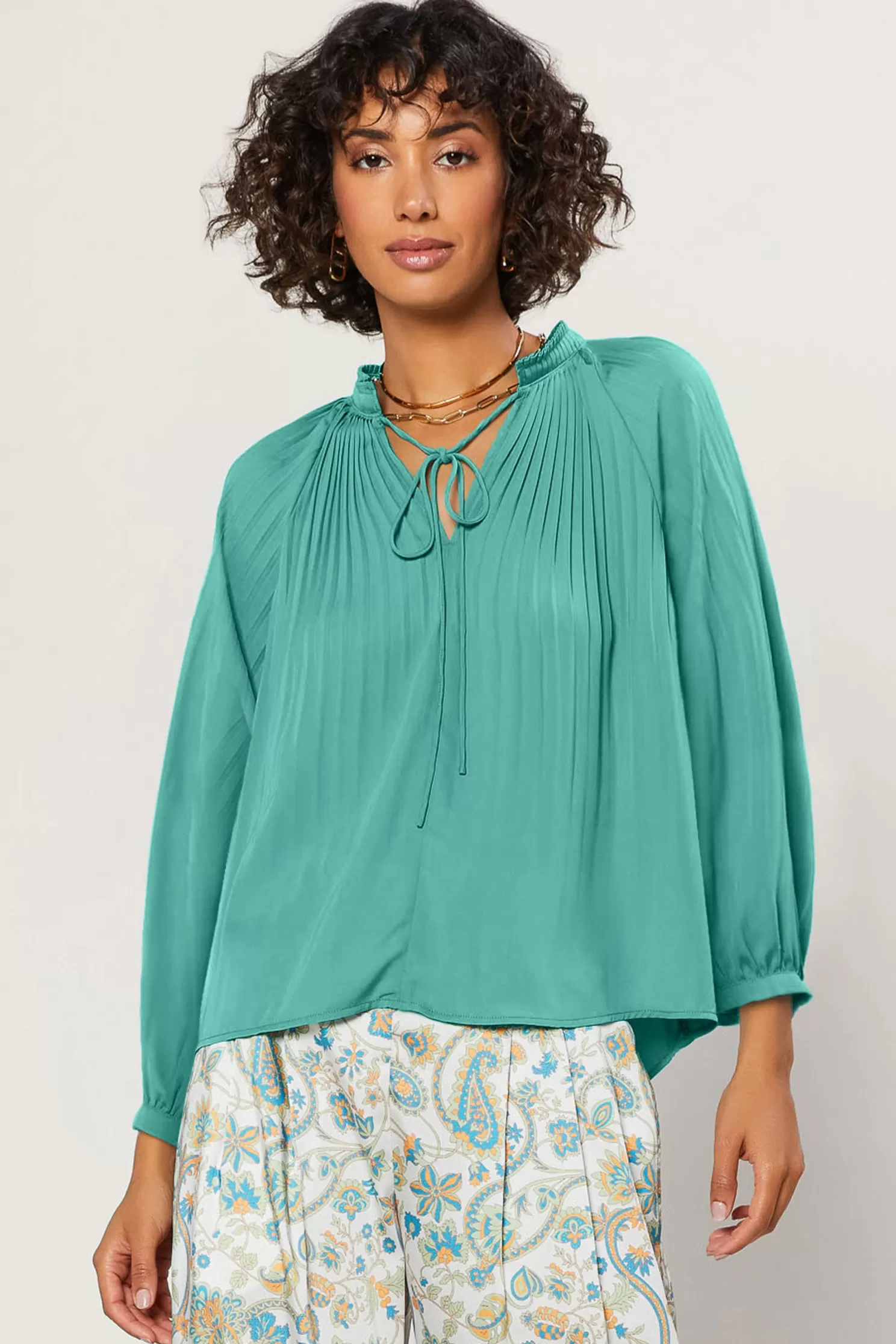 Outlet Pleated Split Neck Top Blouses | Long Sleeve Tops