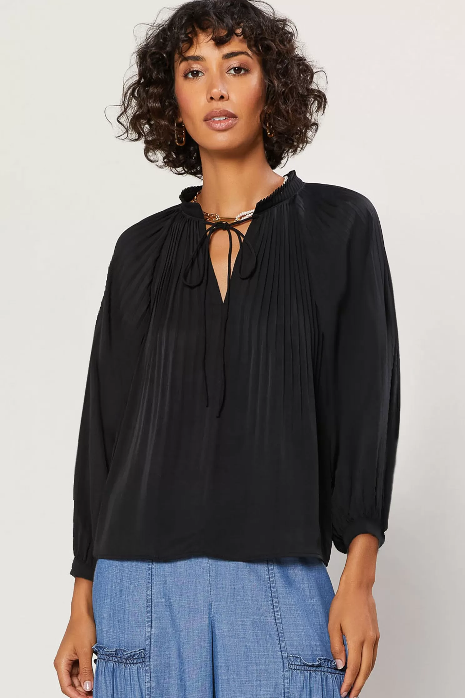 Cheap Pleated Split Neck Top Blouses | Long Sleeve Tops