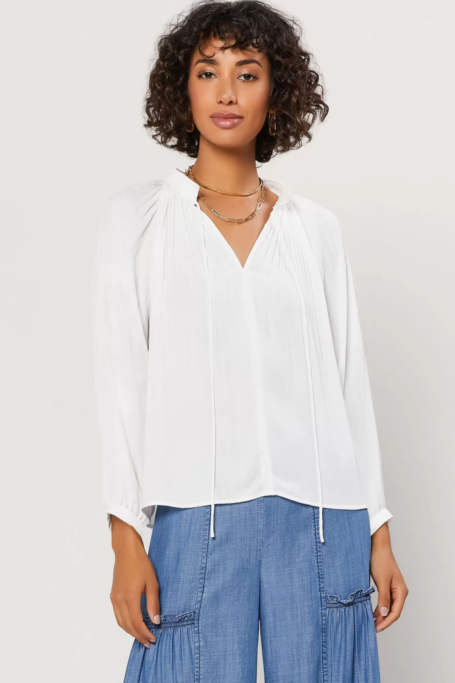 New Pleated Split Neck Top Blouses | Long Sleeve Tops