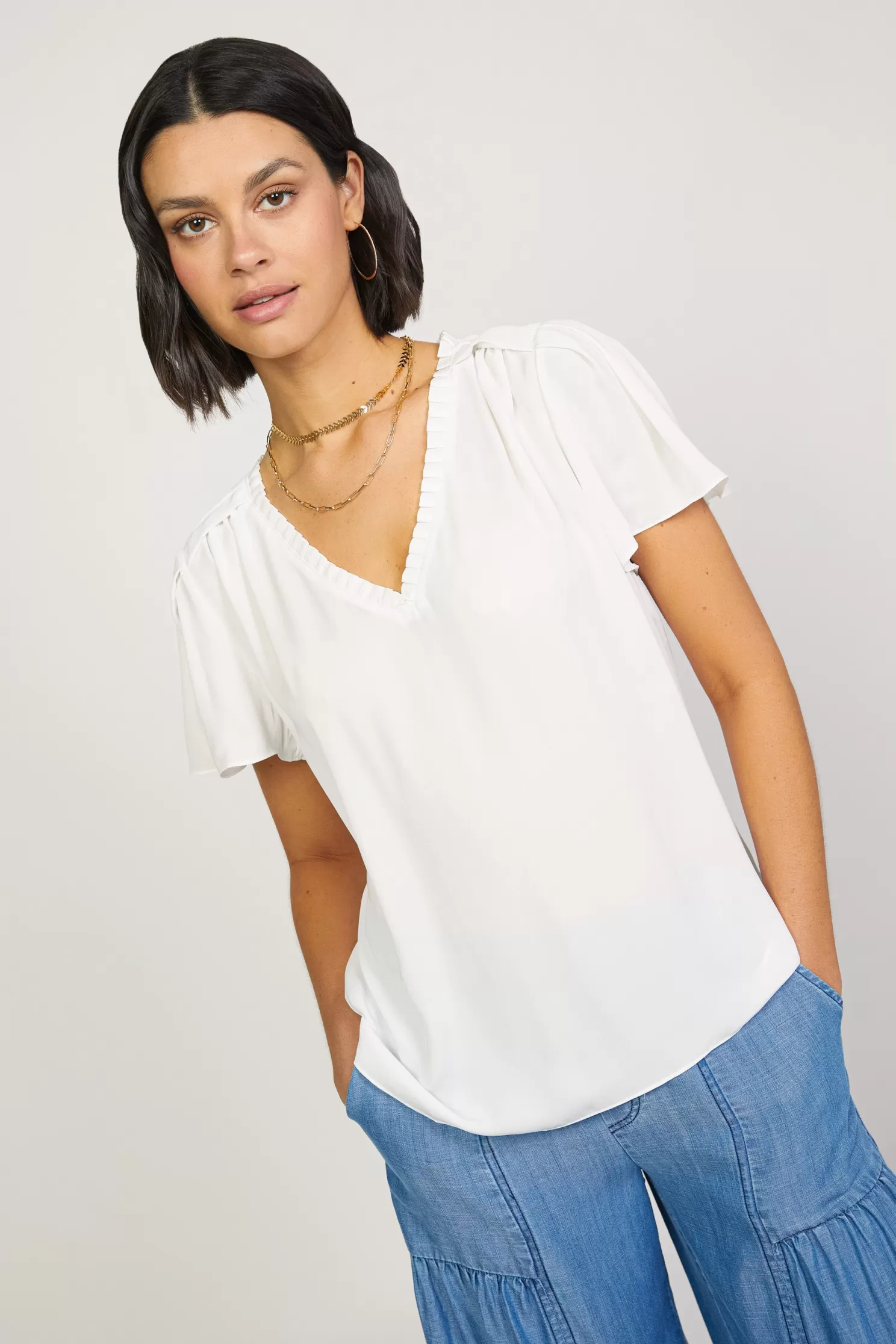 Outlet Pleated V-Neck Blouse Blouses | Short Sleeve Tops