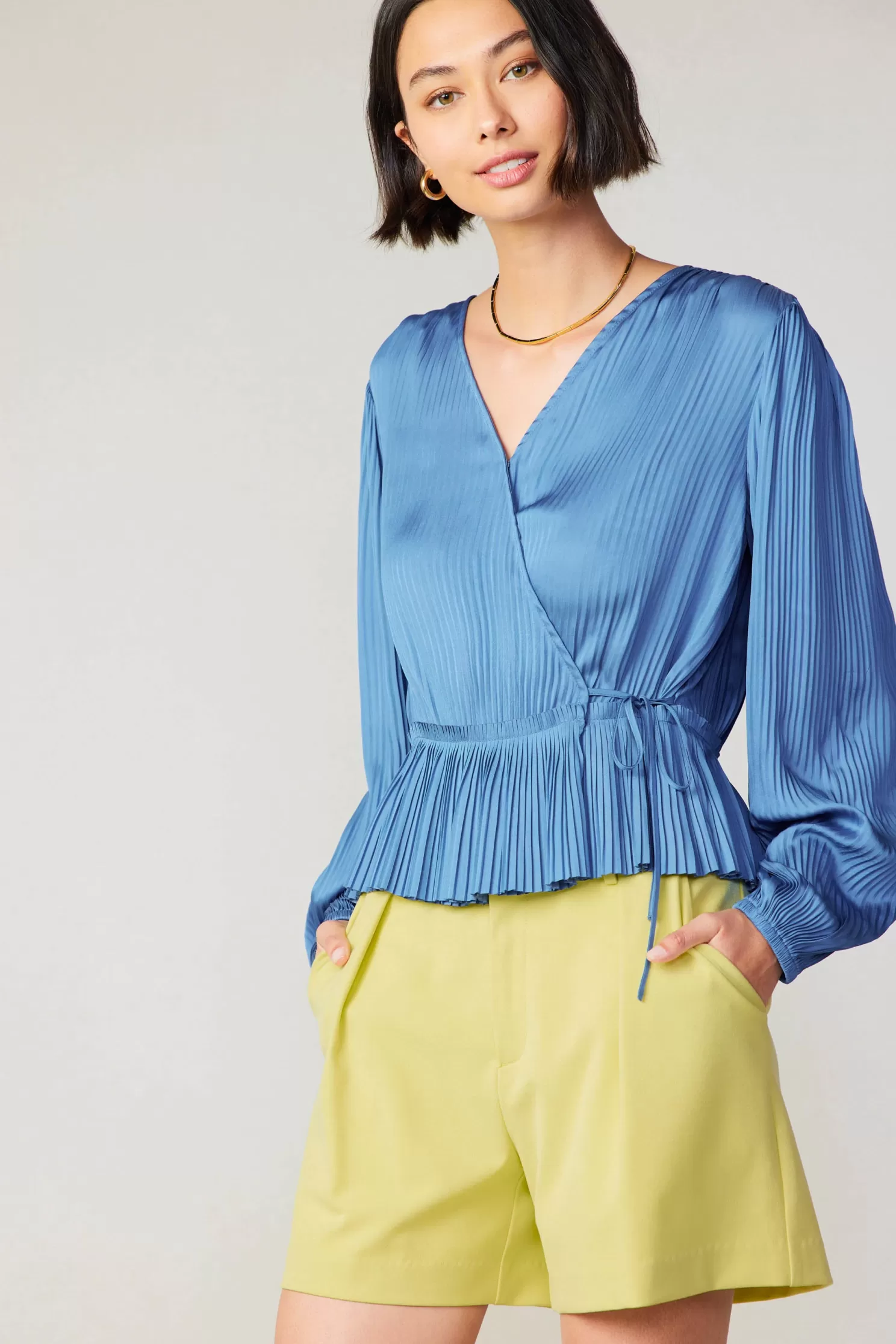 Cheap Pleated Wrap Top Blouses | Long Sleeve Tops