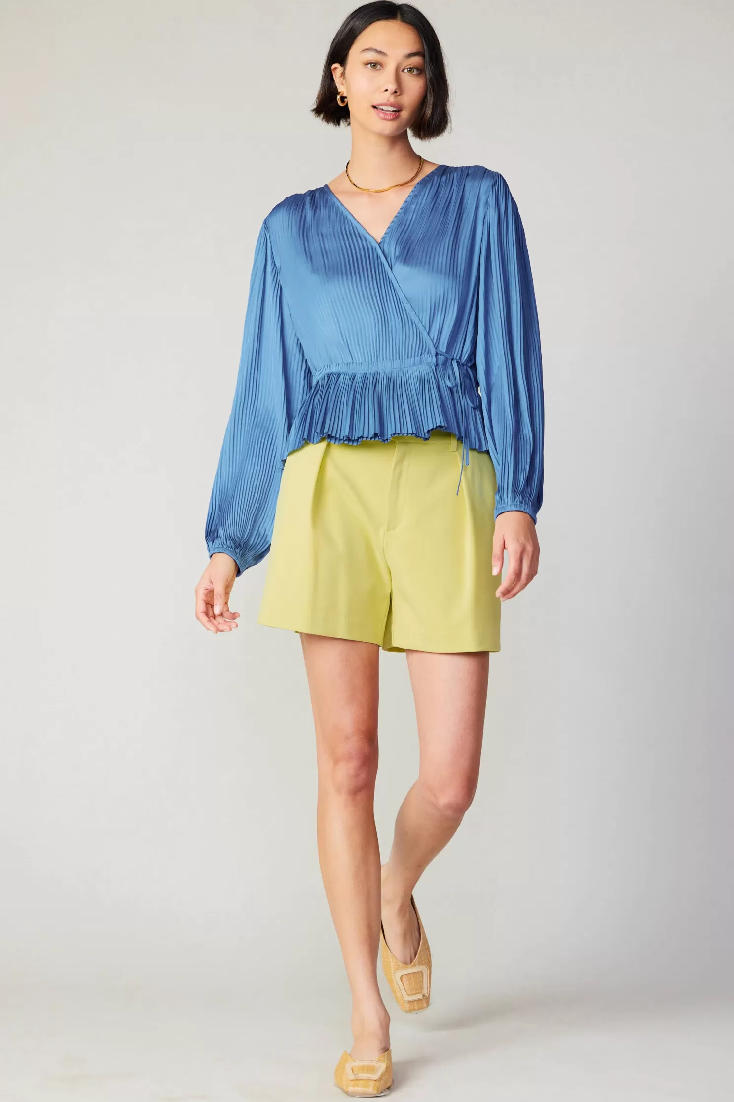 Cheap Pleated Wrap Top Blouses | Long Sleeve Tops