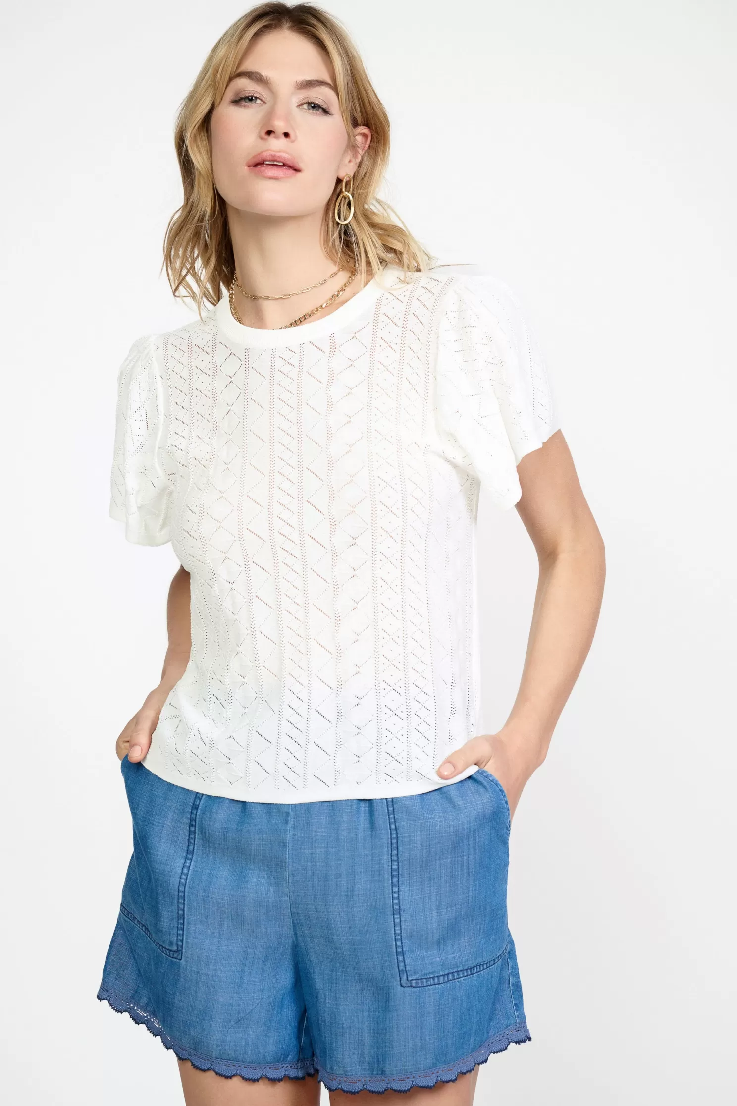 Online Pointelle Knit Sweater Top Blouses | Sweaters