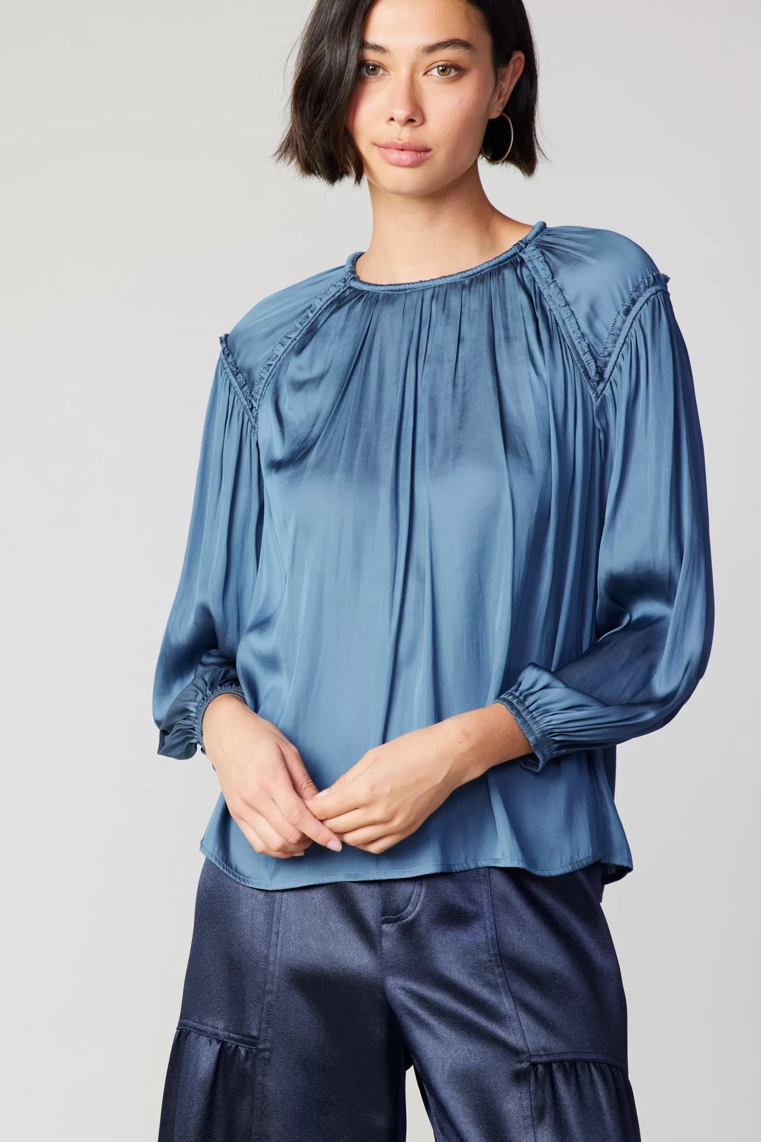 Sale Round Neck Ruffled Top Blouses | Long Sleeve Tops