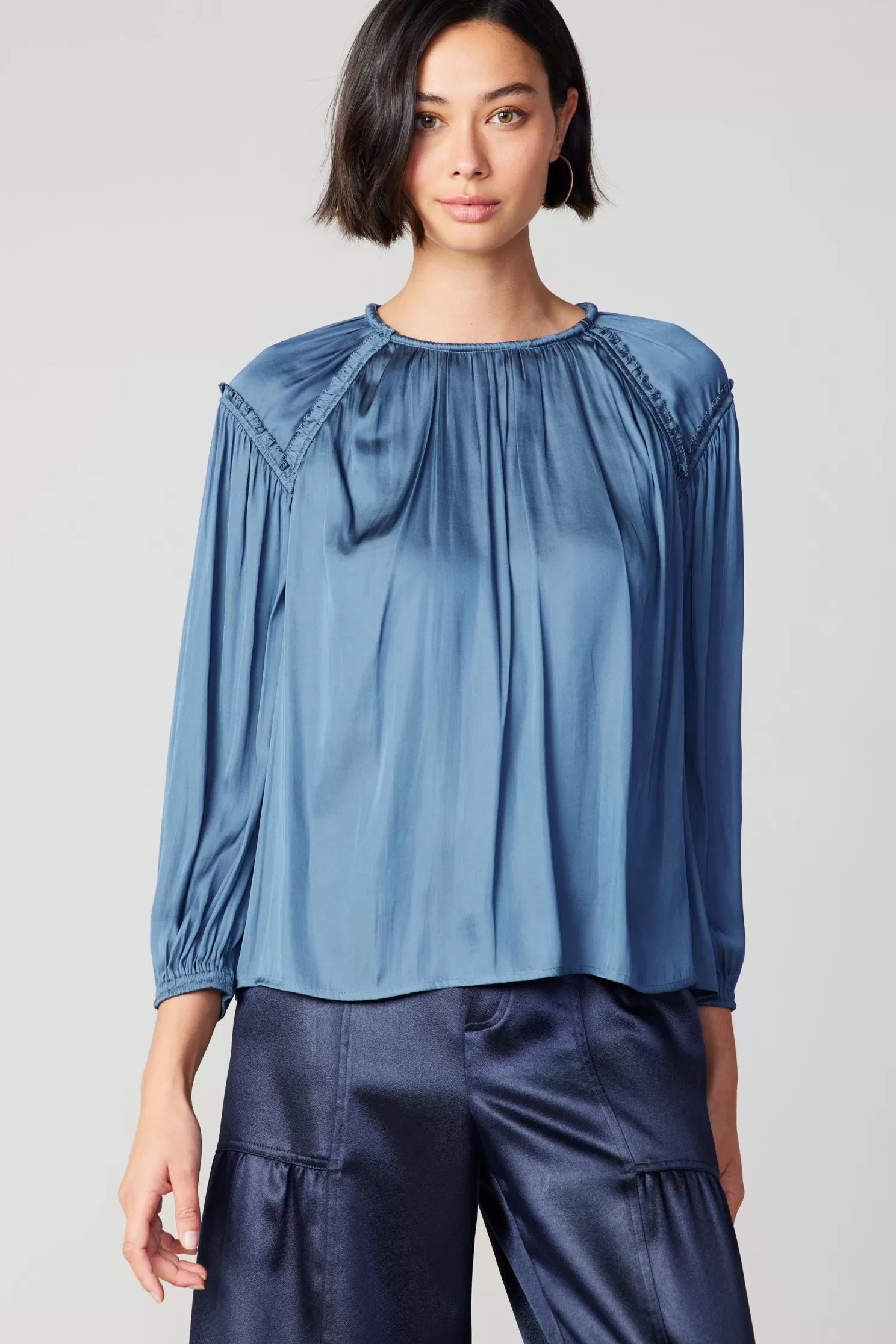 Sale Round Neck Ruffled Top Blouses | Long Sleeve Tops