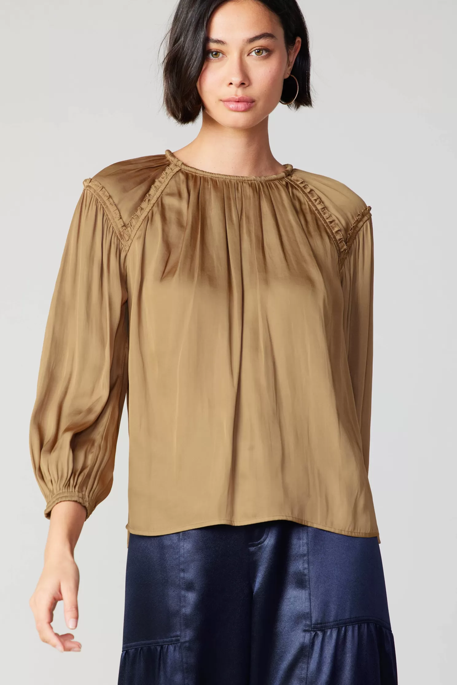 Fashion Round Neck Ruffled Top Blouses | Long Sleeve Tops