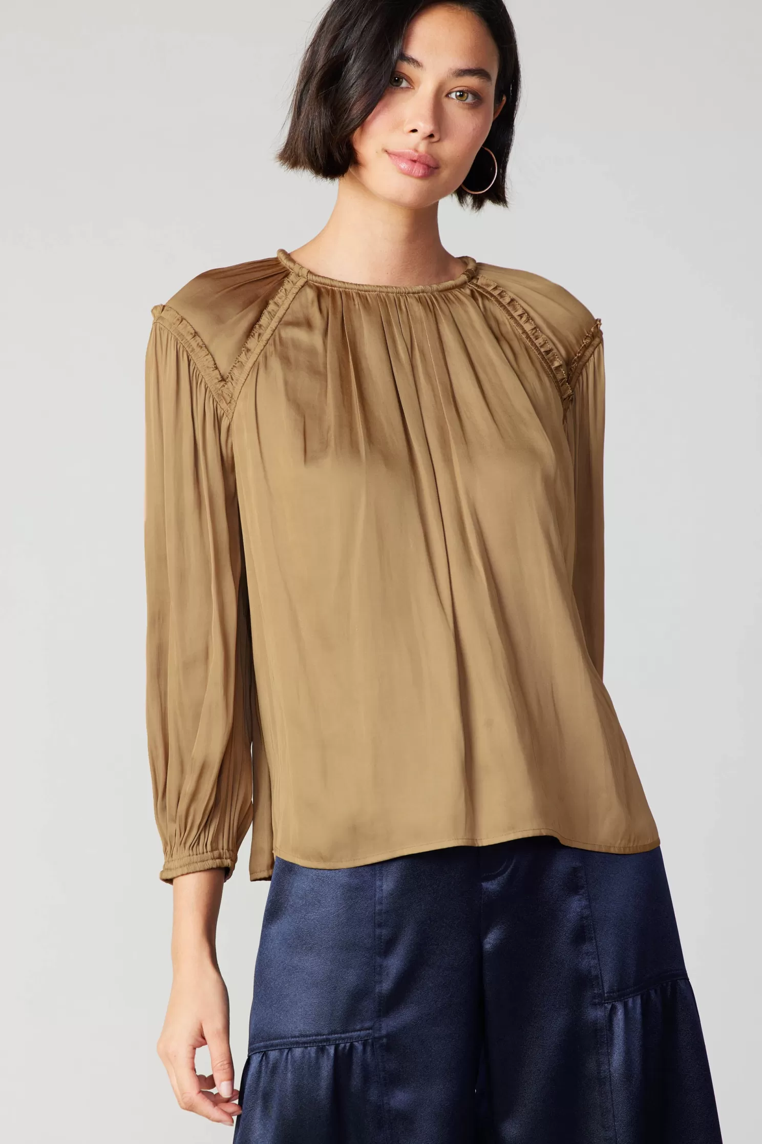 Fashion Round Neck Ruffled Top Blouses | Long Sleeve Tops