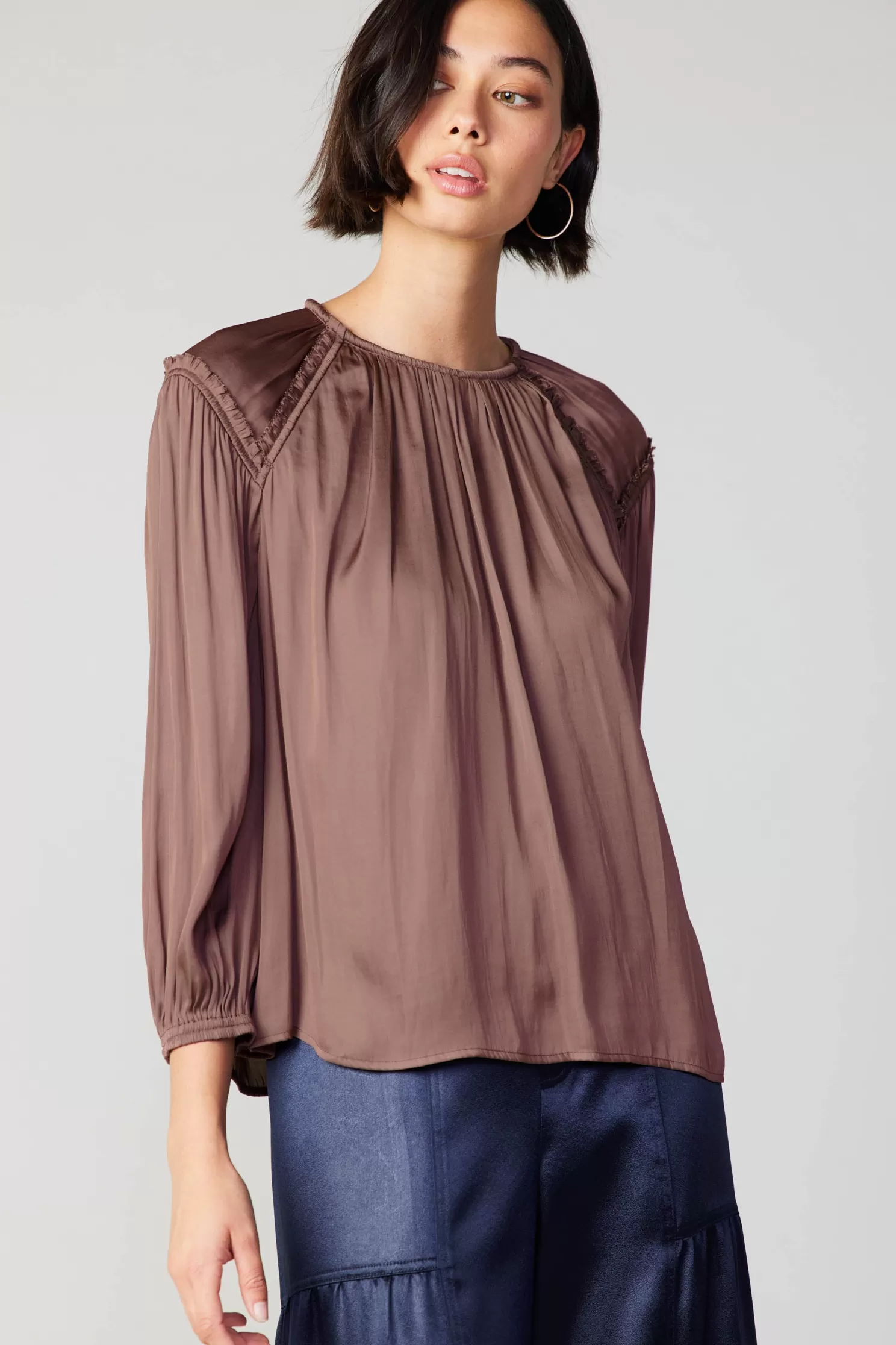 Fashion Round Neck Ruffled Top Blouses | Long Sleeve Tops