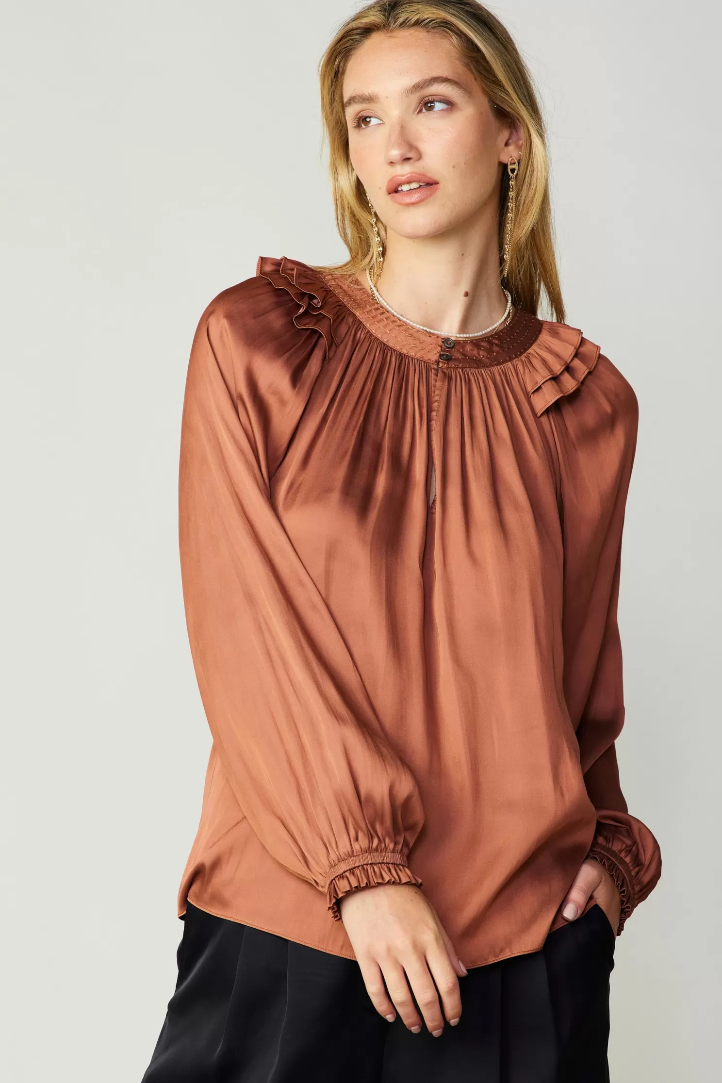 Discount Ruffled Crewneck Blouse Blouses | Long Sleeve Tops