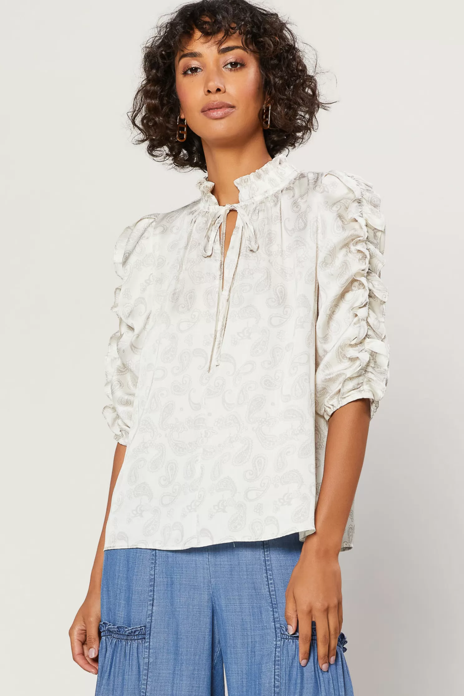 Store Ruffled Sleeve Jacquard Top Blouses | Long Sleeve Tops