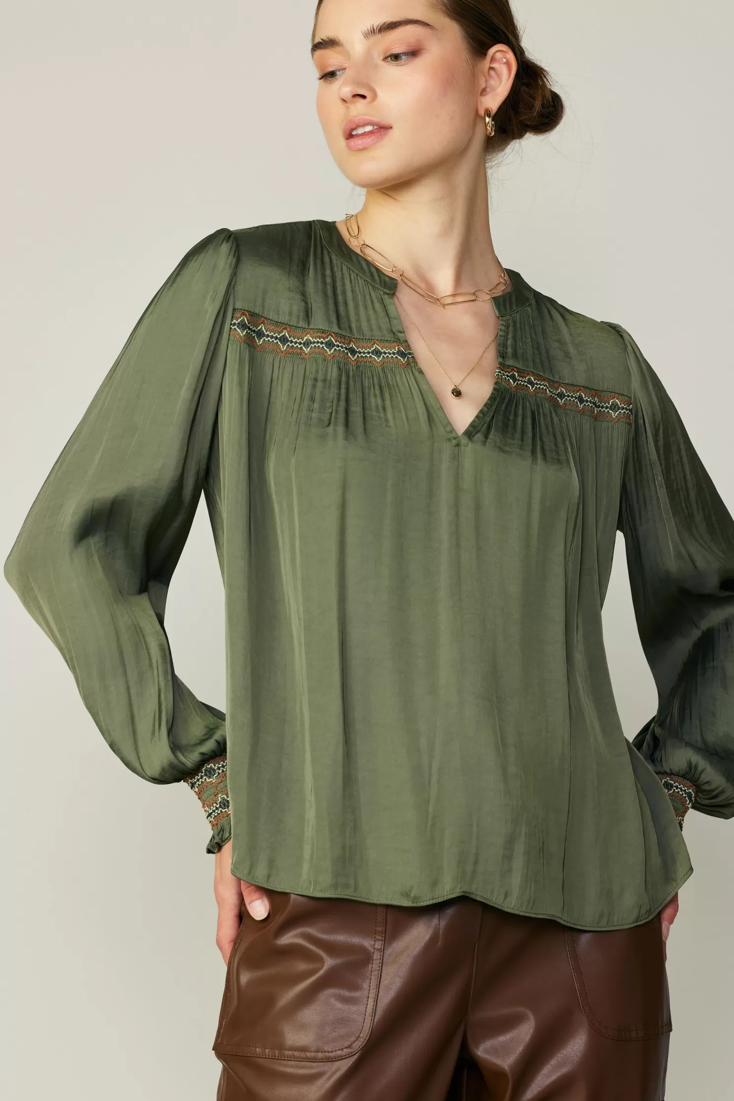 Discount Santa Fe Embroidered Blouse Long Sleeve Tops | Blouses