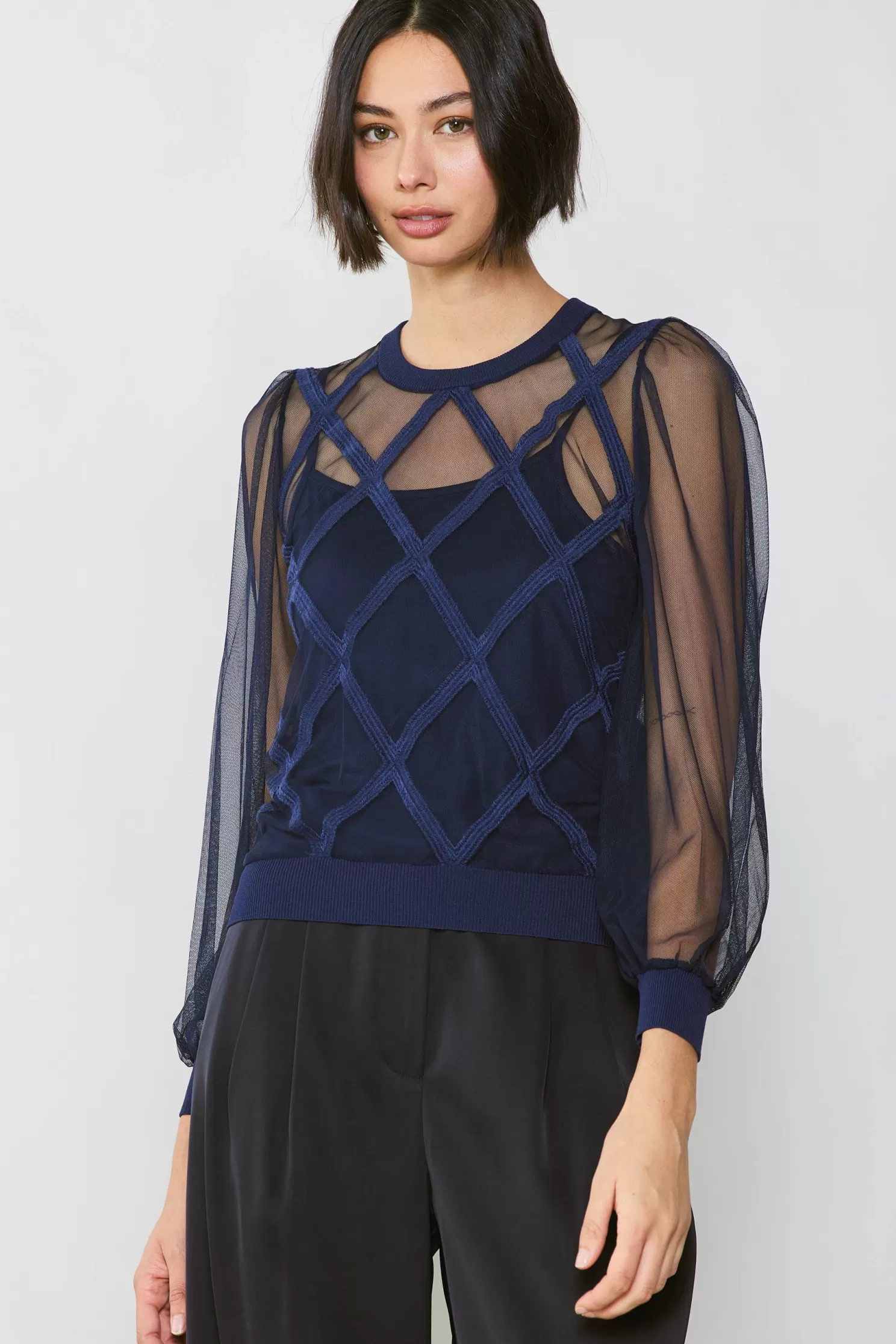 Hot Sheer Crosshatch Cami-lined Top Sweaters | Long Sleeve Tops