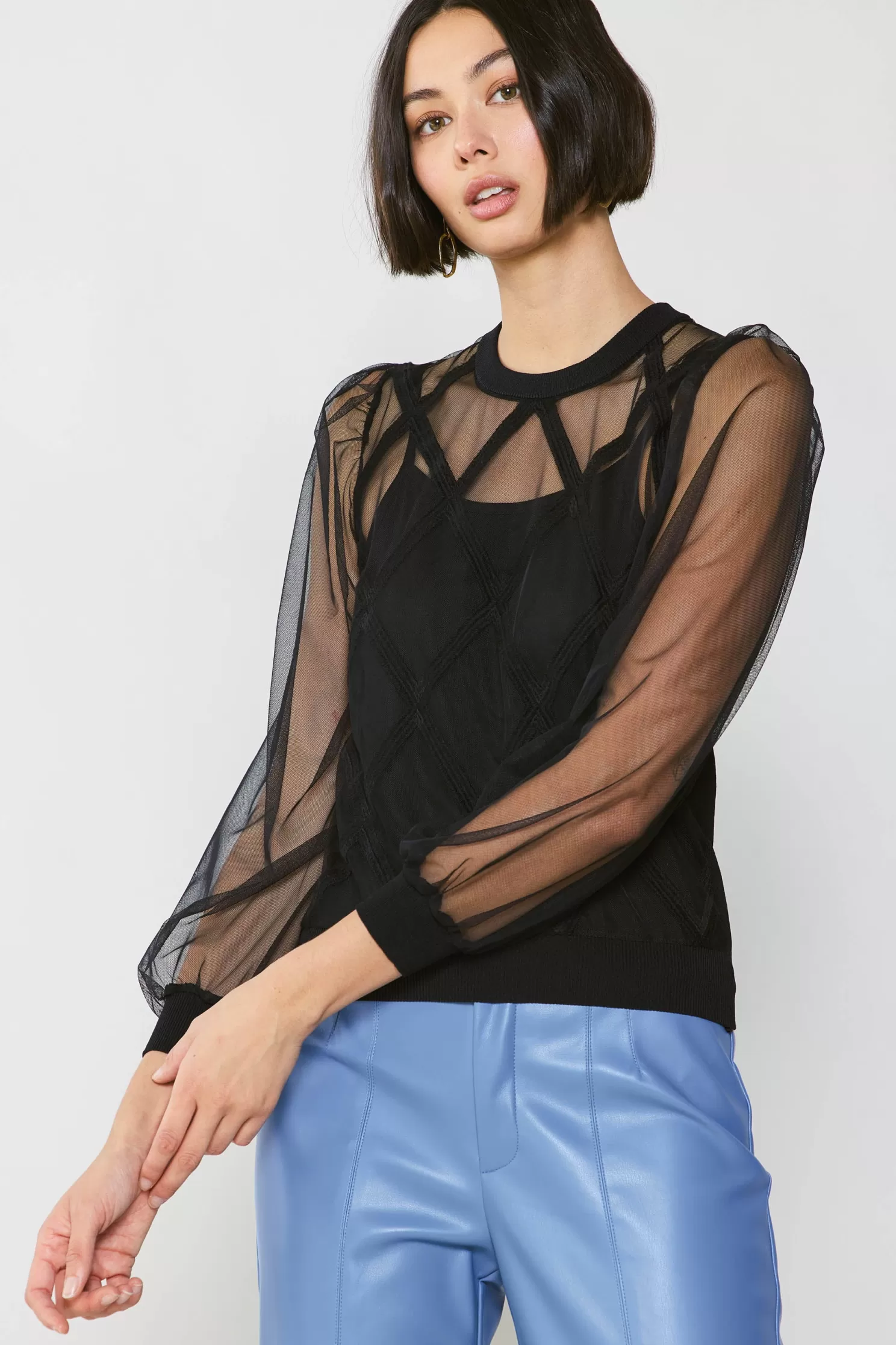 Fashion Sheer Crosshatch Cami-lined Top Sweaters | Long Sleeve Tops