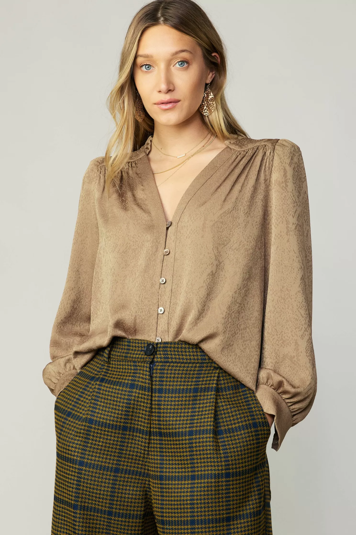 Discount Shirred Jacquard Blouse Long Sleeve Tops