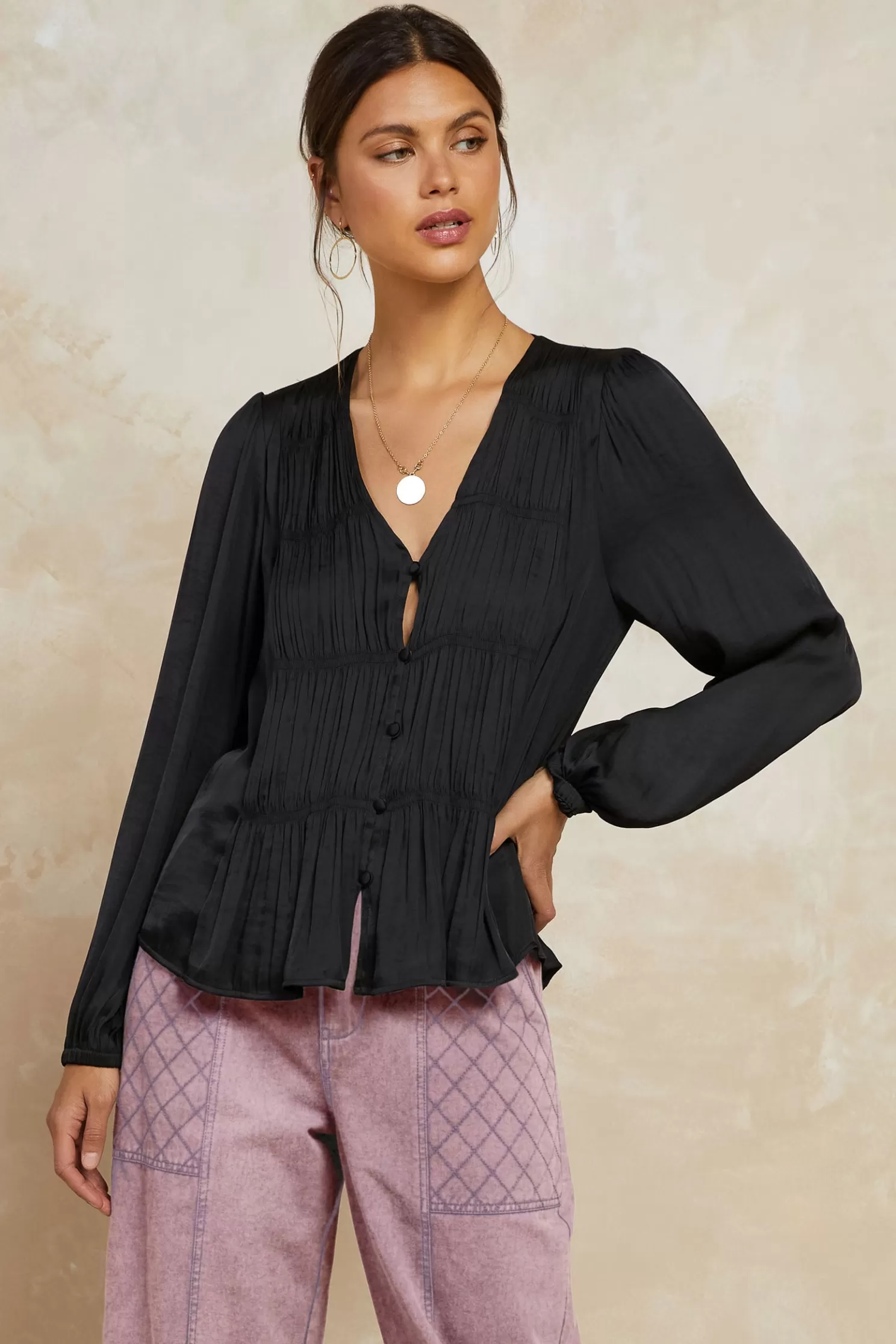 Cheap Shirred V-neck Blouse Blouses | Long Sleeve Tops