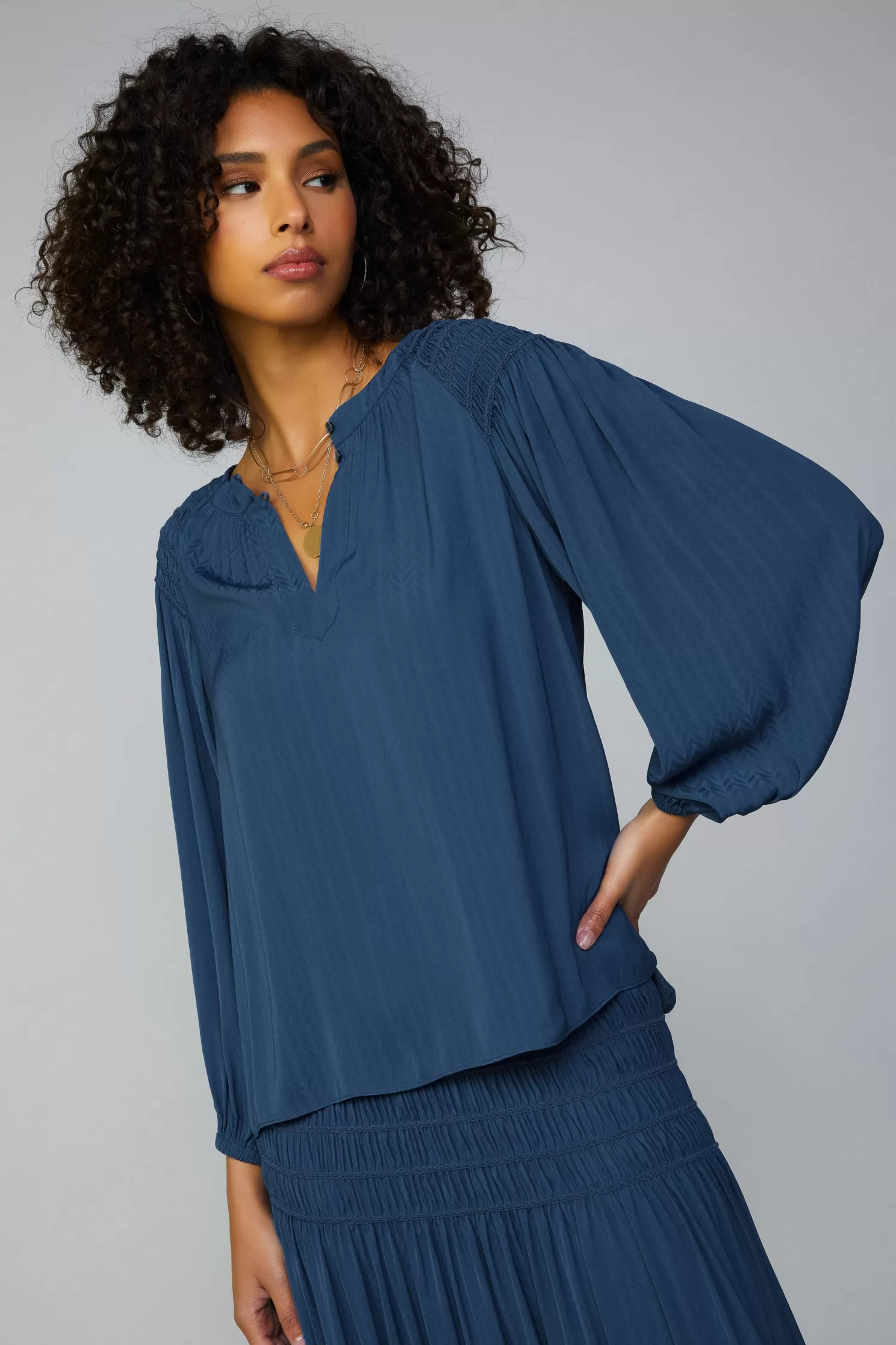 Flash Sale Smocked Shoulder Button Blouse Blouses | Long Sleeve Tops