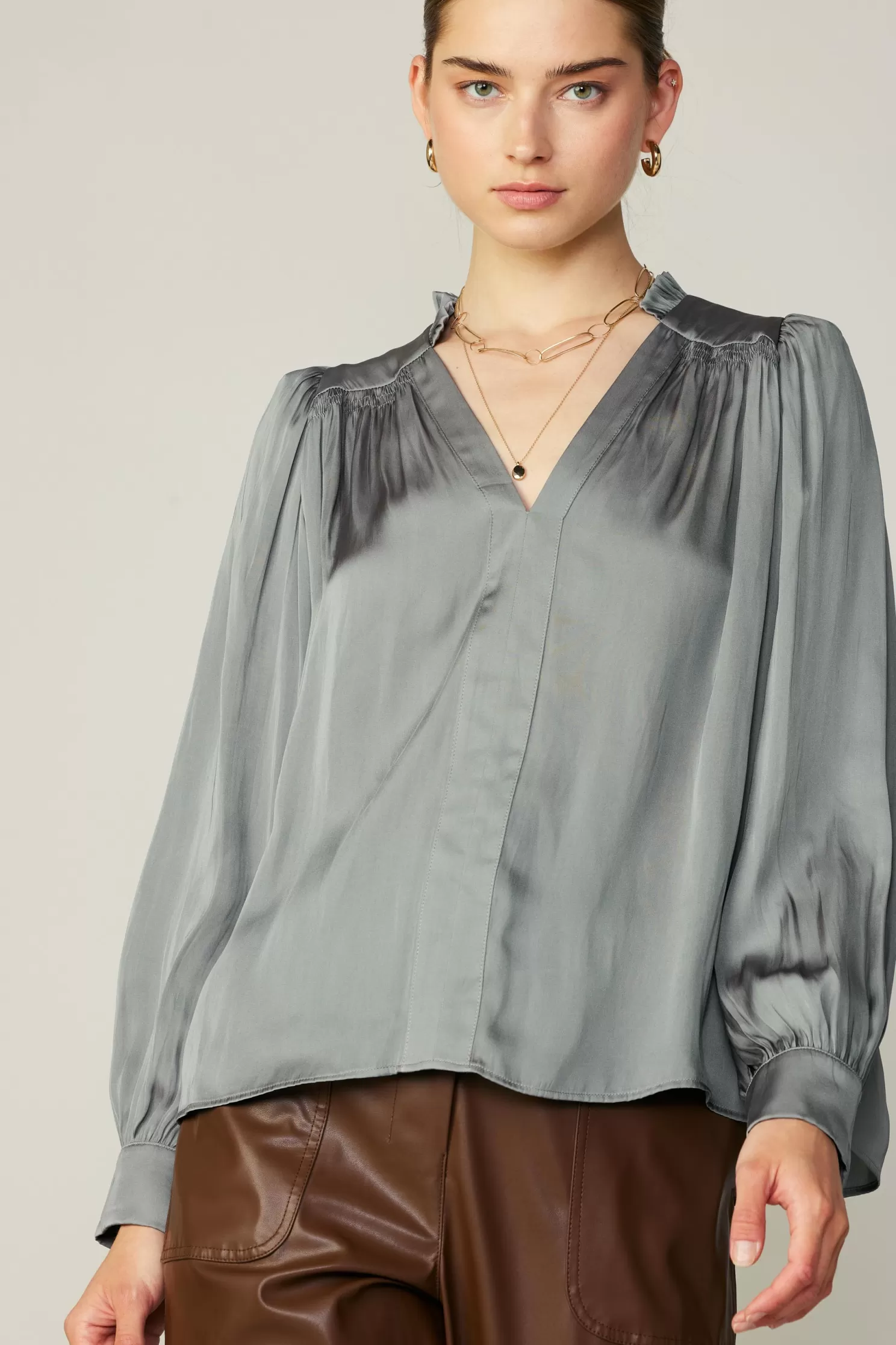 Shop Smocked Shoulder Cuffed Blouse Blouses | Long Sleeve Tops