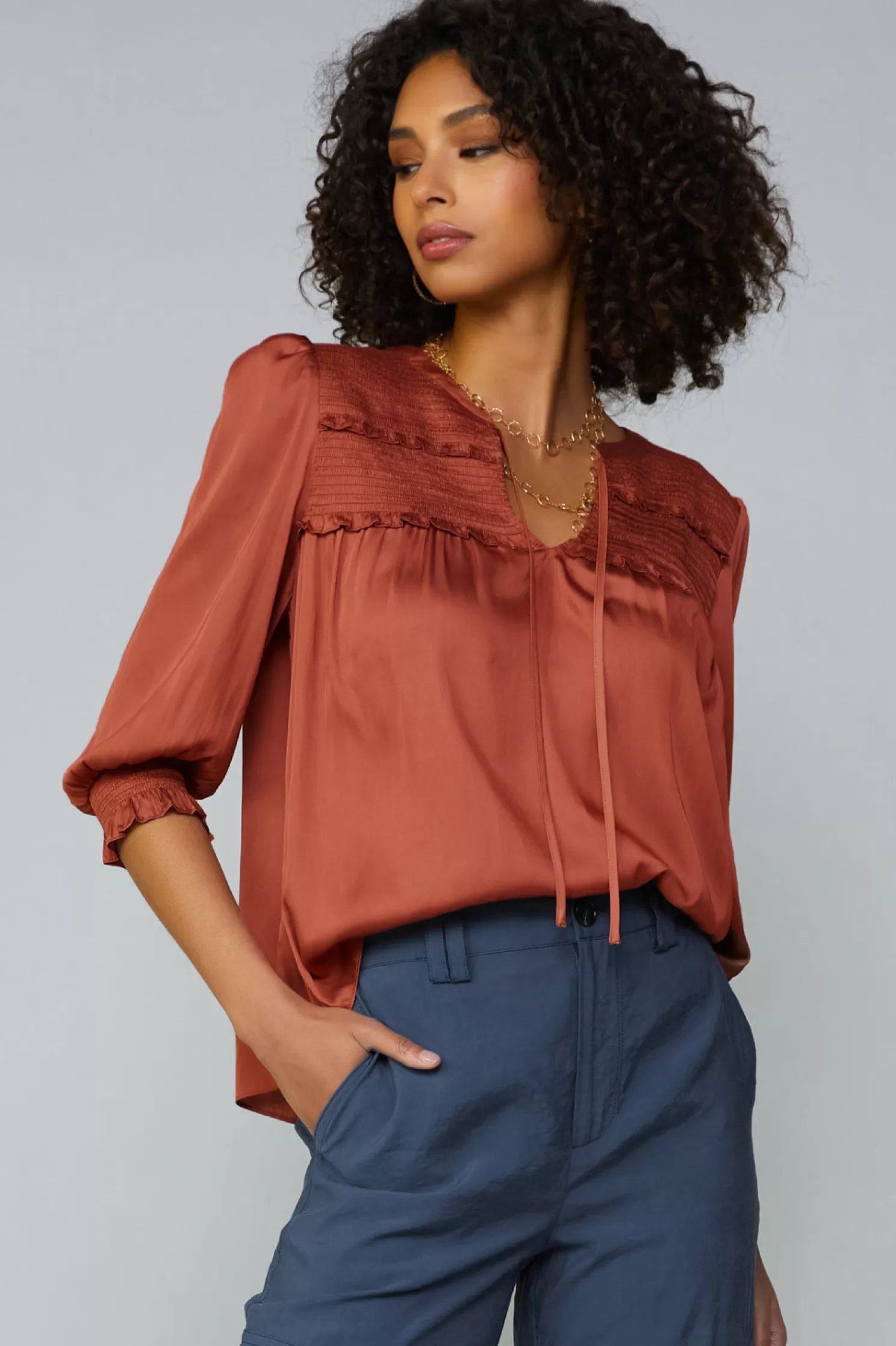 Online Smocked Split Neck Blouse Blouses | Long Sleeve Tops