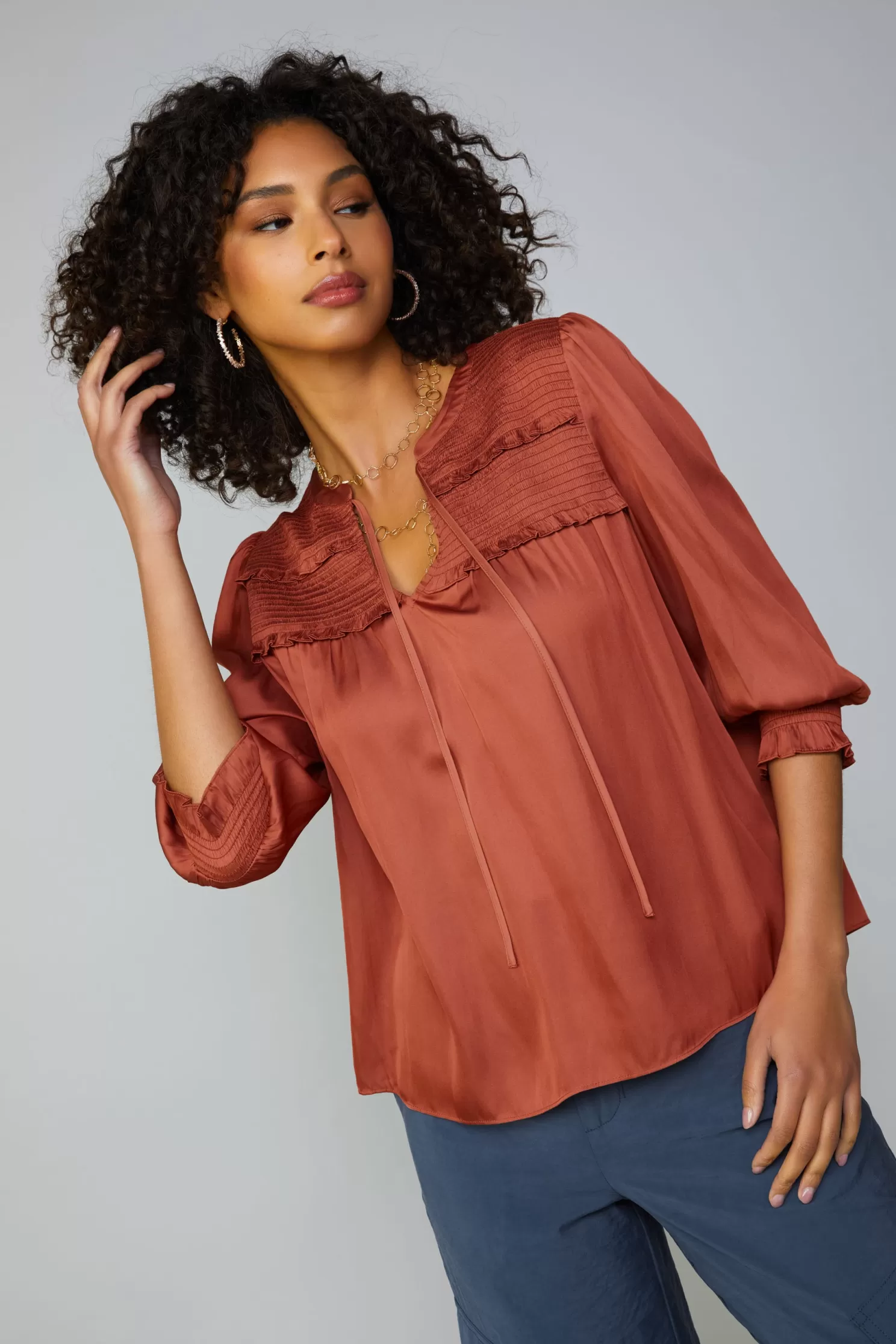 Online Smocked Split Neck Blouse Blouses | Long Sleeve Tops