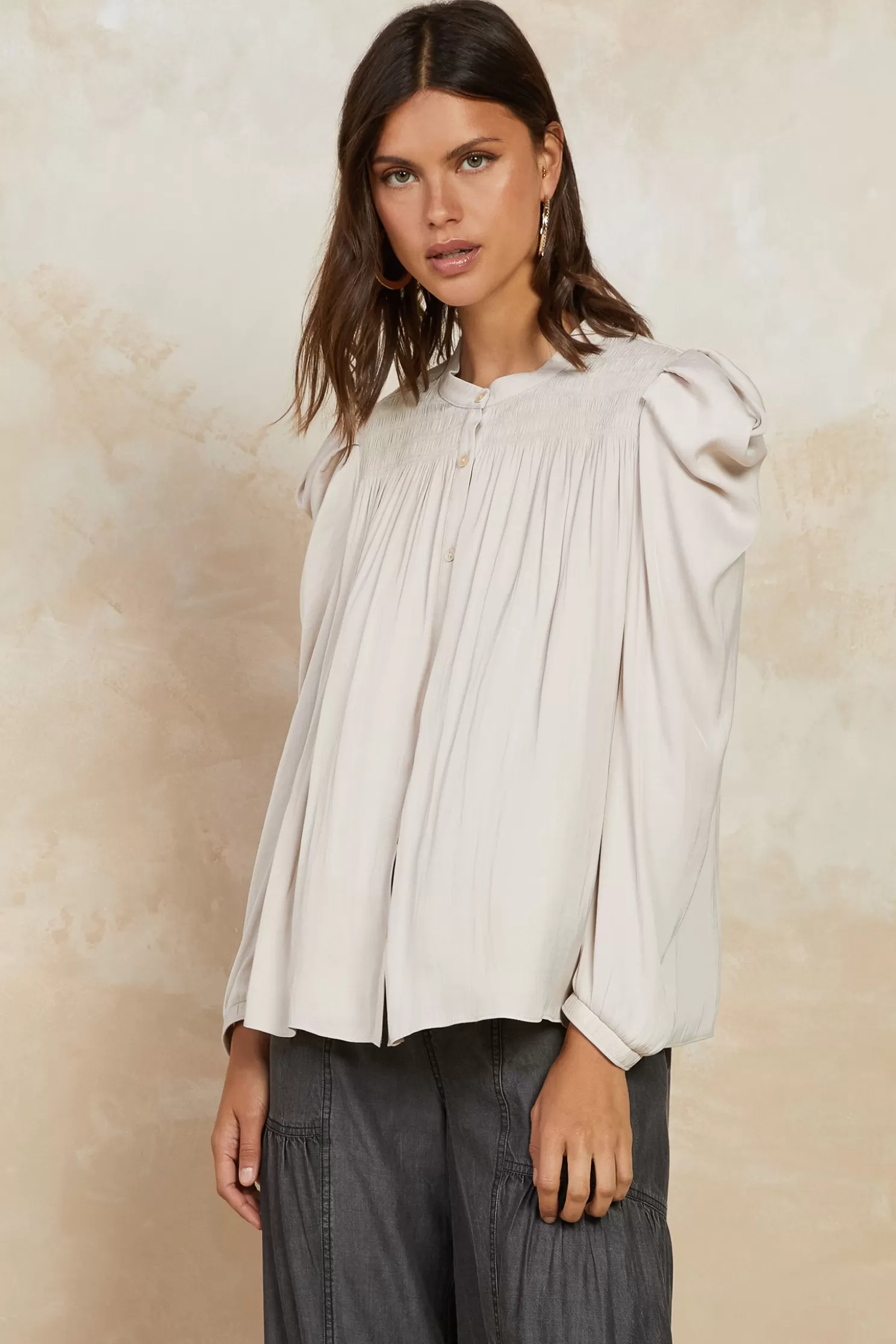 Hot Smocked Split Neck Blouse Blouses | Long Sleeve Tops