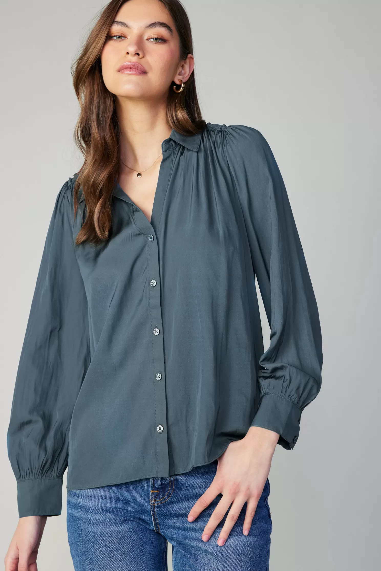 Sale Split Neck Buttoned Shirt Long Sleeve Tops