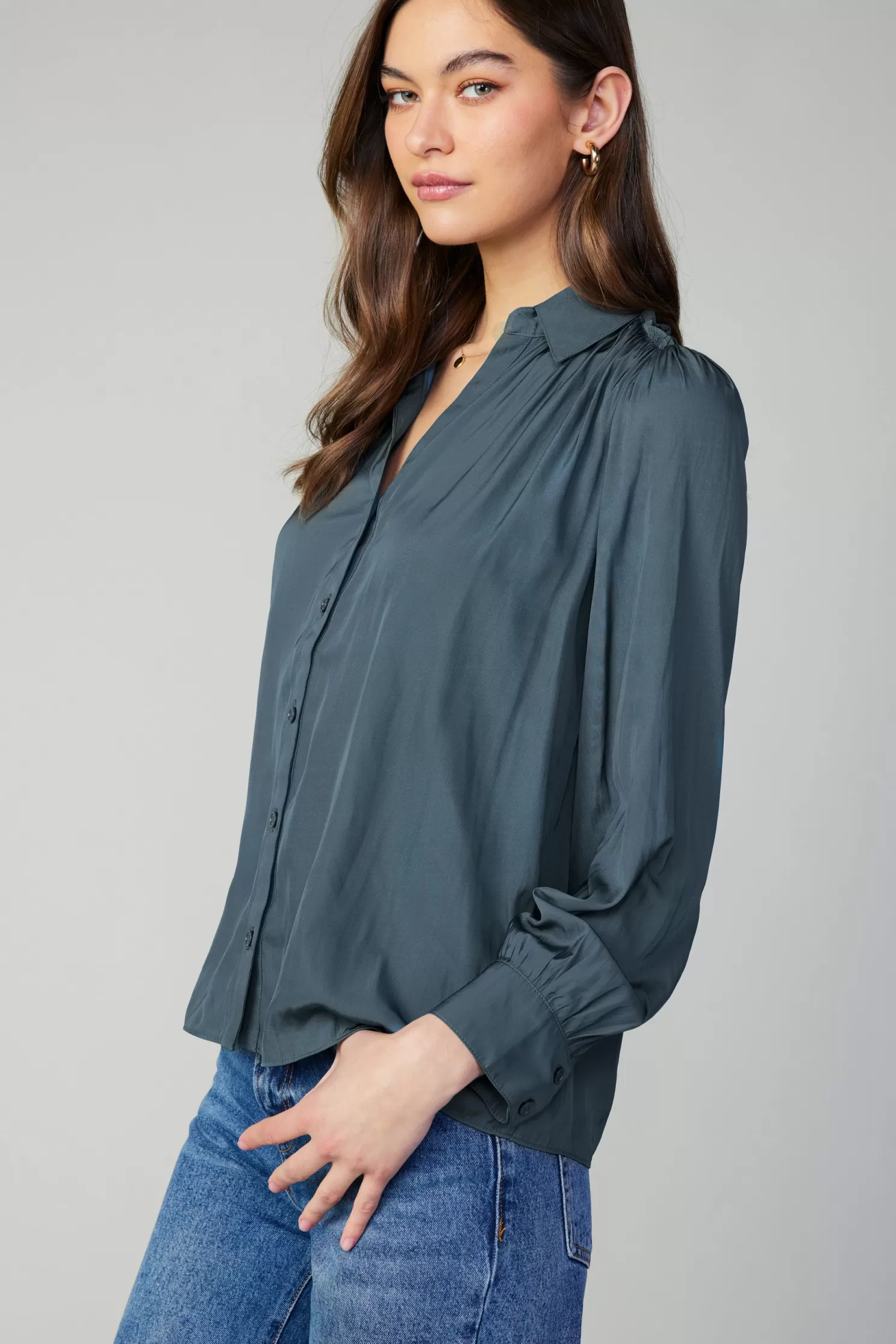 Sale Split Neck Buttoned Shirt Long Sleeve Tops