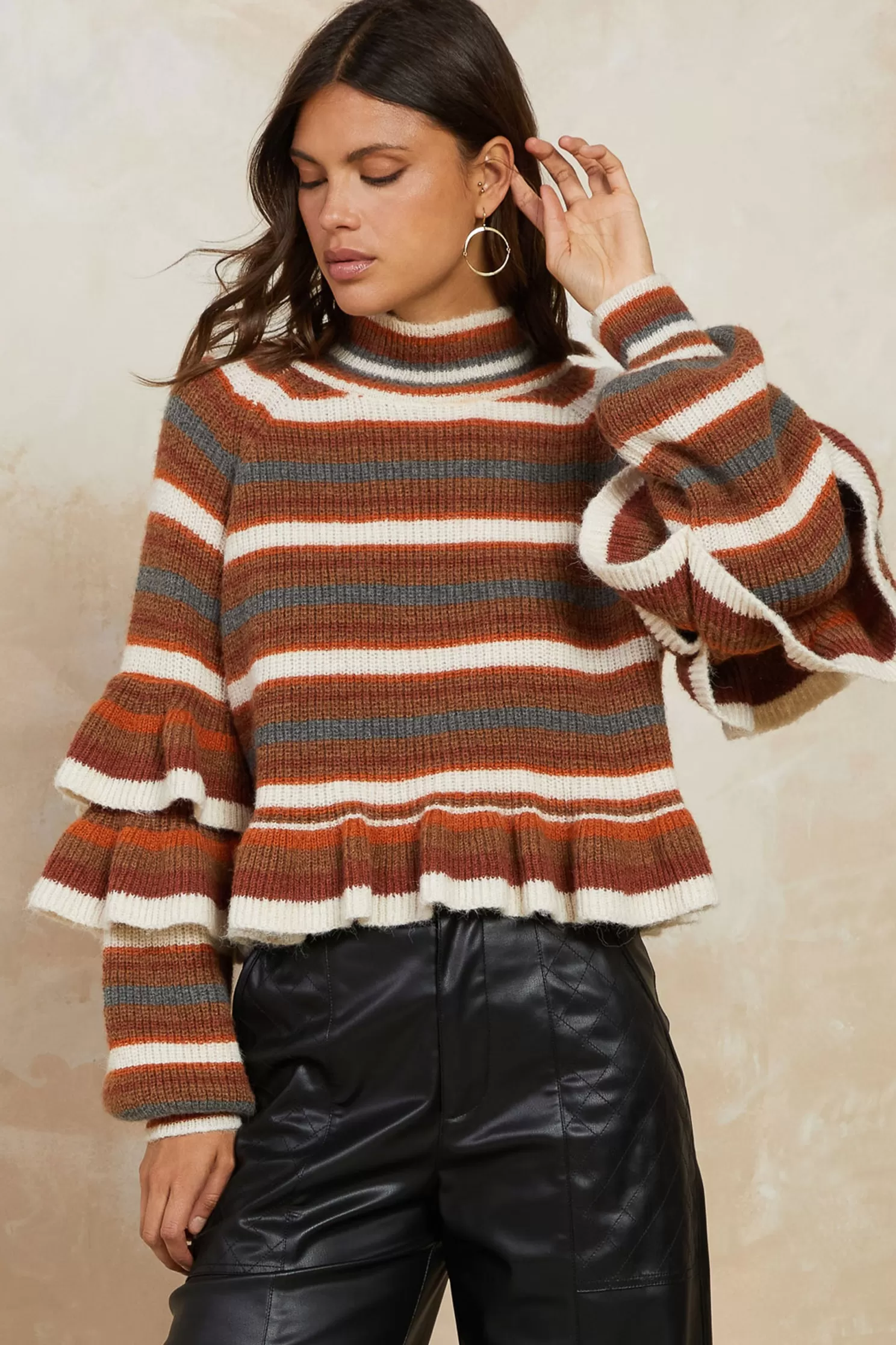 Cheap Striped Ruffled Mock Neck Sweater Sweaters | Long Sleeve Tops