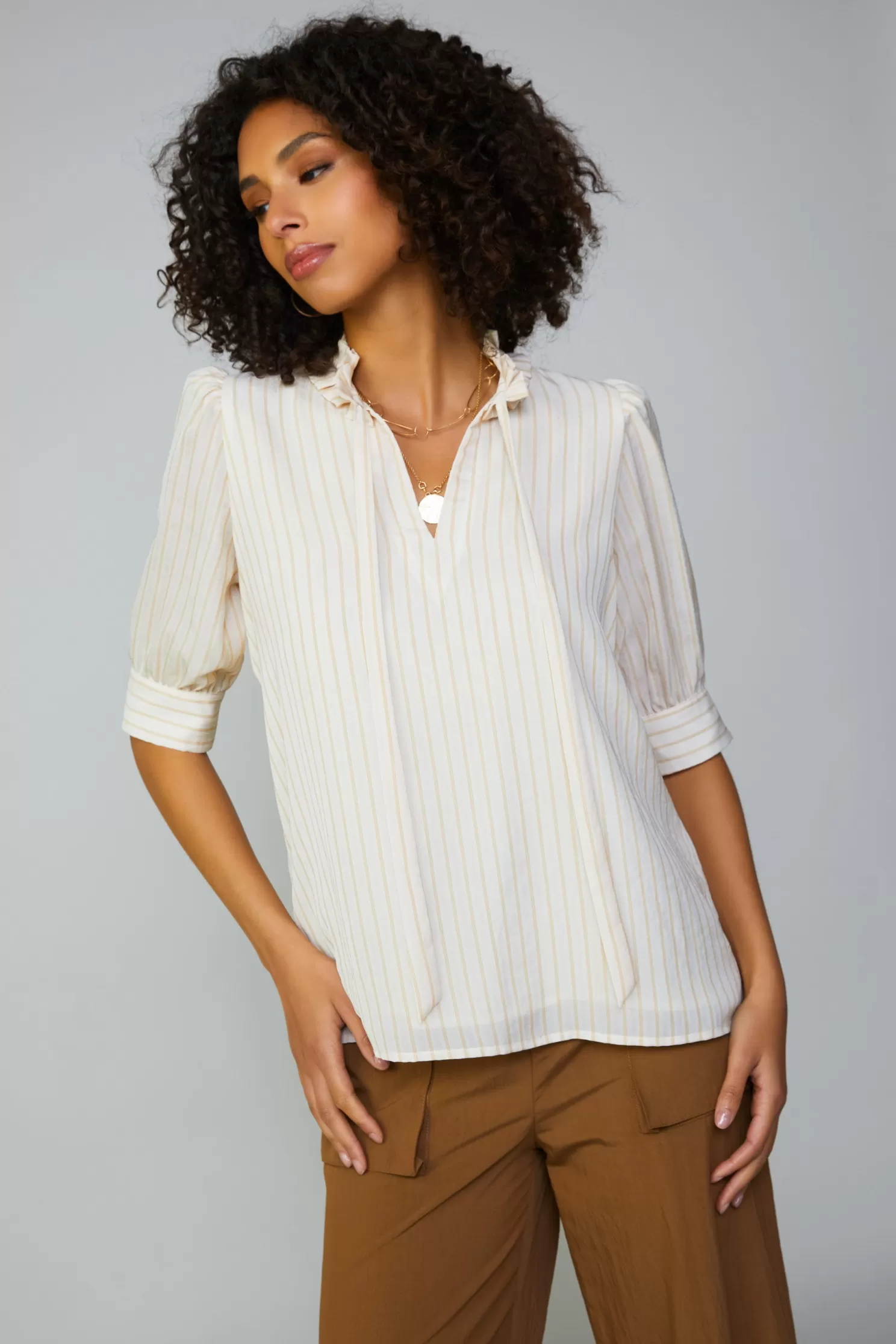 New Striped Structured Sleeve Blouse Short Sleeve Tops | Blouses